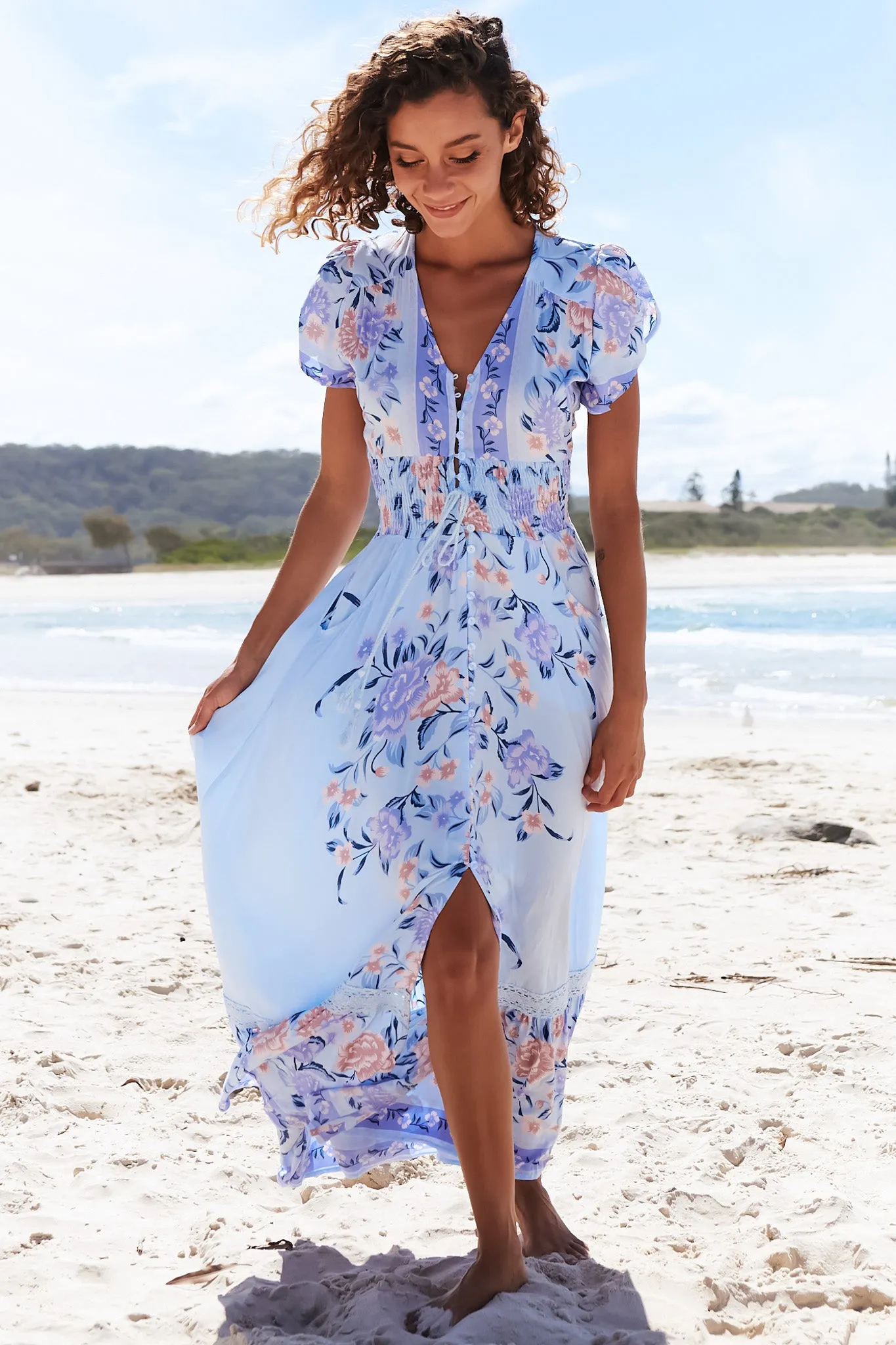 Romi Maxi Dress - V Neck Cap Sleeve A-Line Button Through Dress in Heaven Print sold by Salty Crush product image thumbnail 5