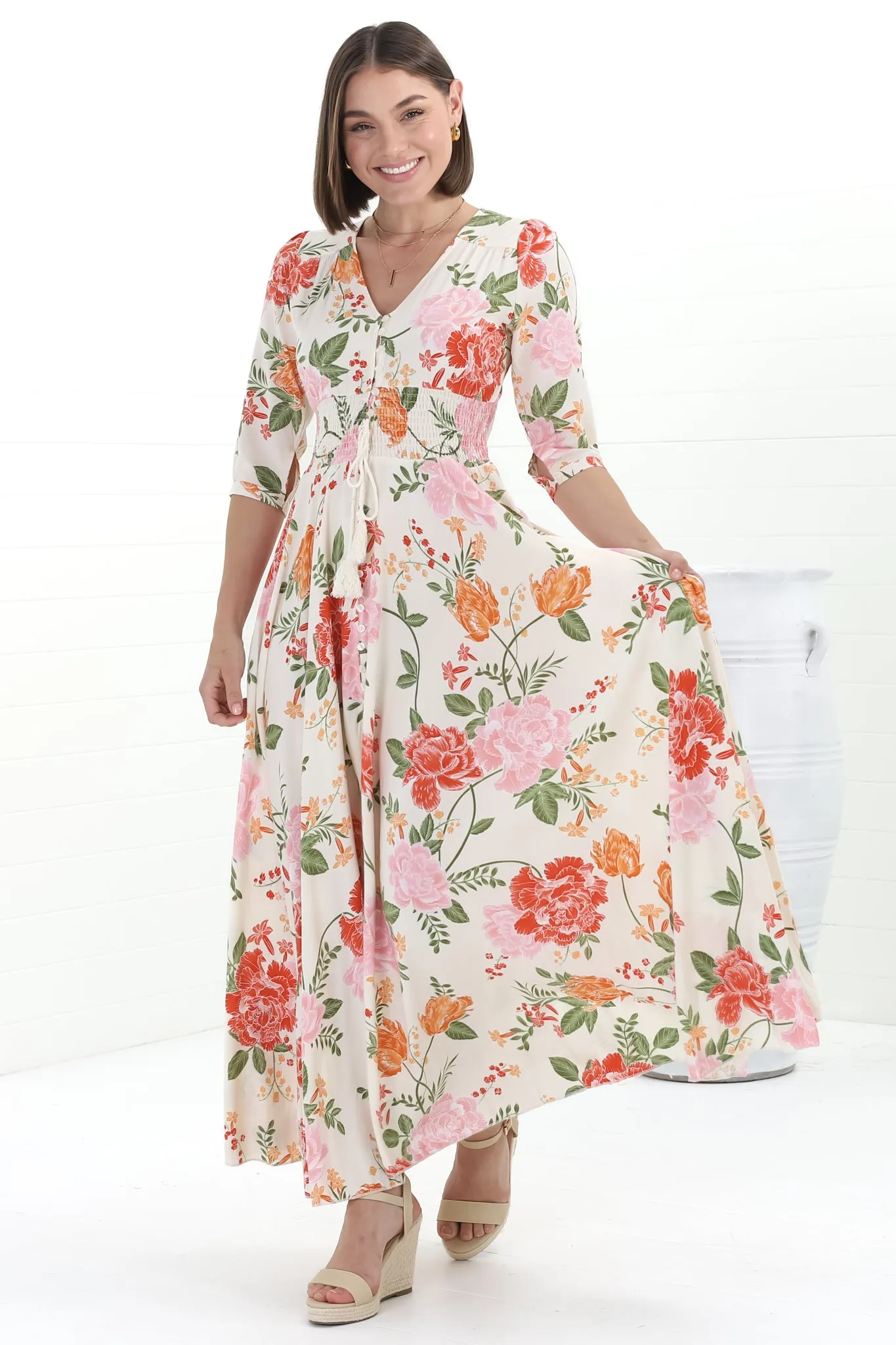 Indiana Maxi Dress - Lace Back Shirred Waist A Line Dress with Handkerchief Hemline in Verbena Print sold by Salty Crush product image thumbnail 4