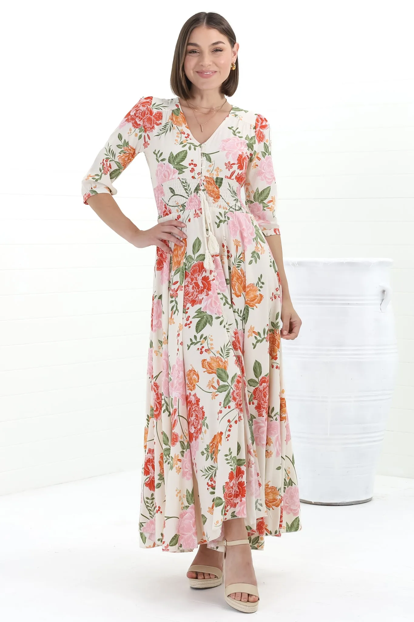 Indiana Maxi Dress - Lace Back Shirred Waist A Line Dress with Handkerchief Hemline in Verbena Print sold by Salty Crush product image thumbnail 5