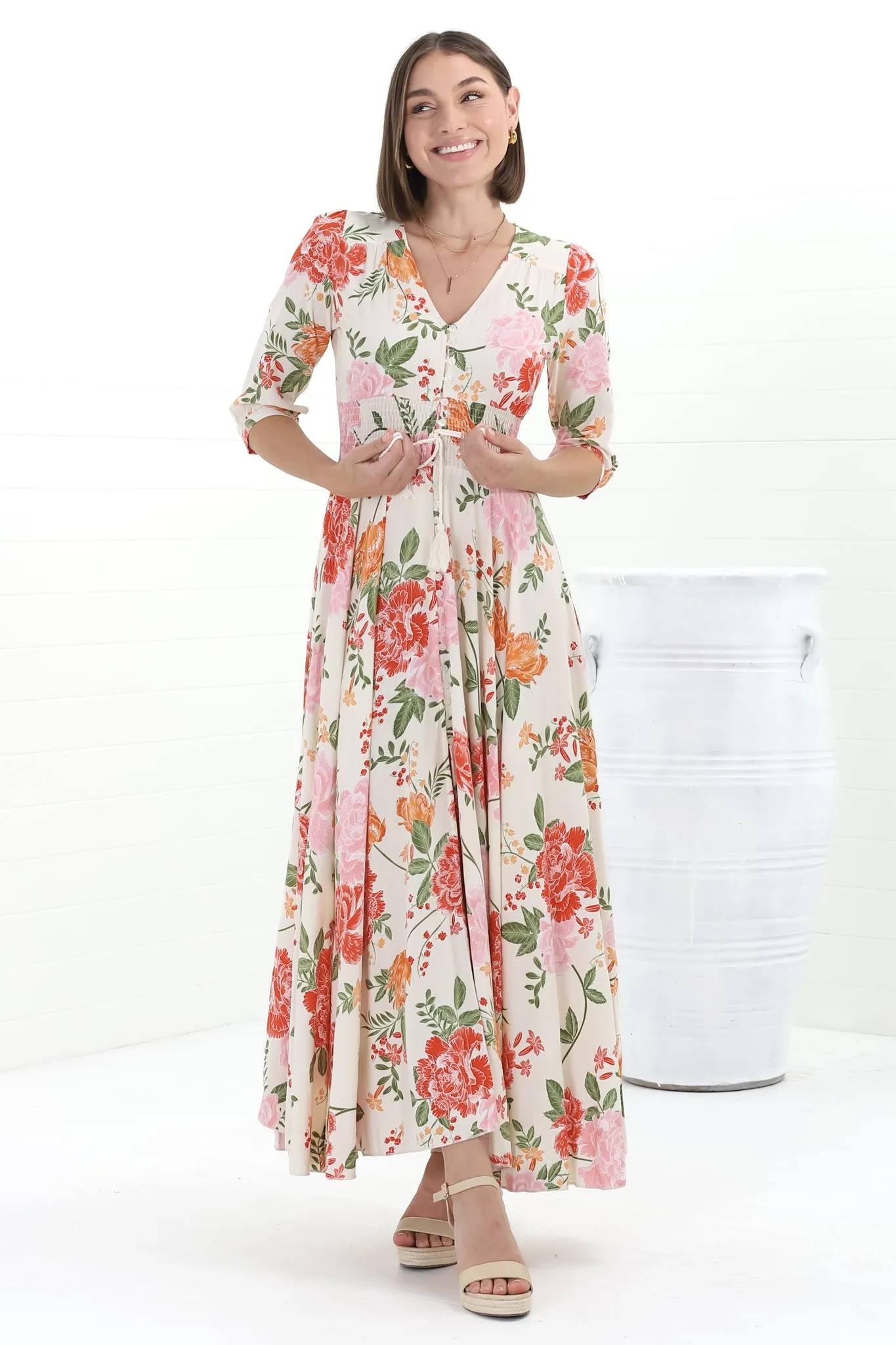 Indiana Maxi Dress - Lace Back Shirred Waist A Line Dress with Handkerchief Hemline in Verbena Print sold by Salty Crush product image thumbnail 3