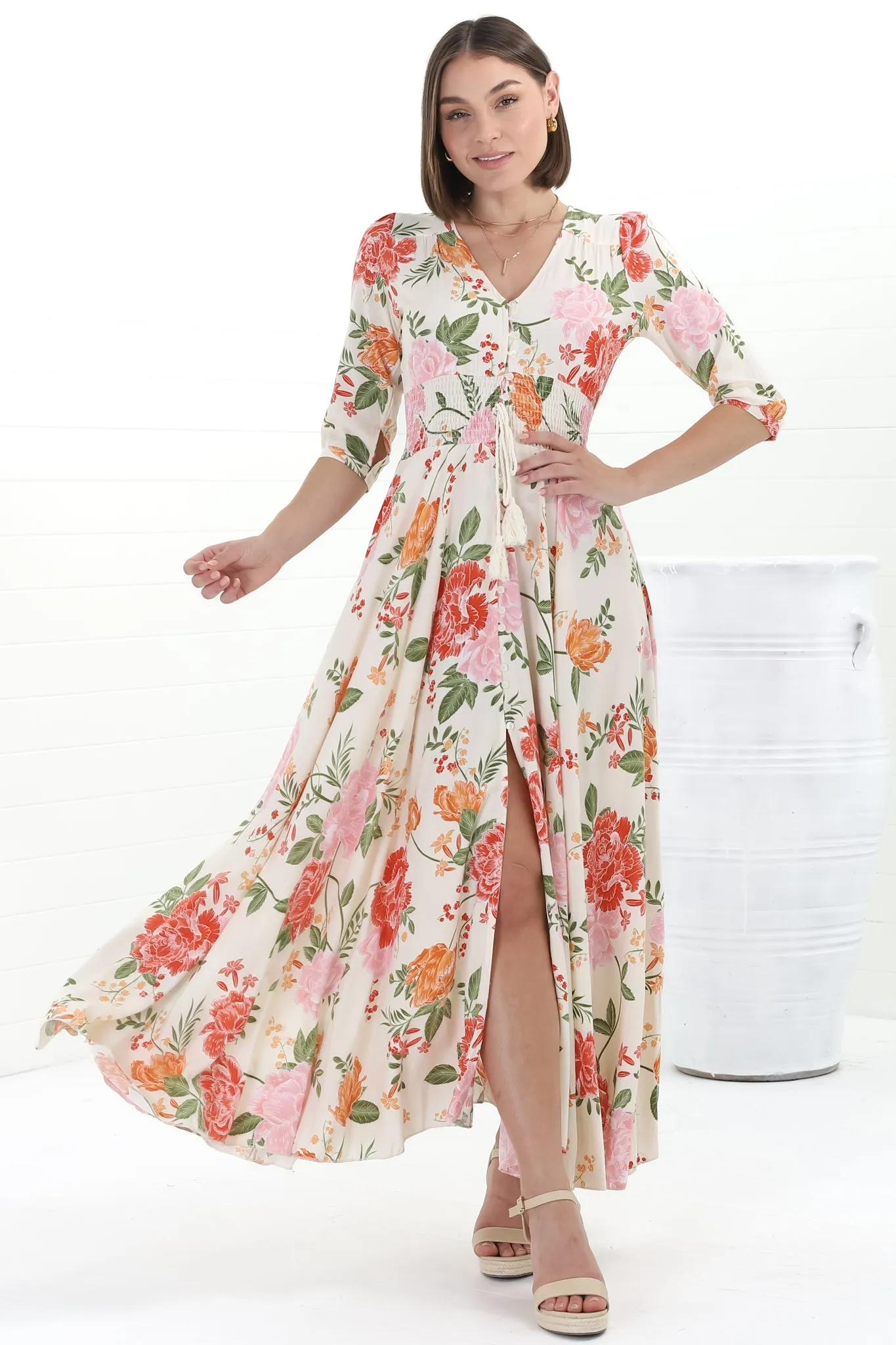 Indiana Maxi Dress - Lace Back Shirred Waist A Line Dress with Handkerchief Hemline in Verbena Print sold by Salty Crush