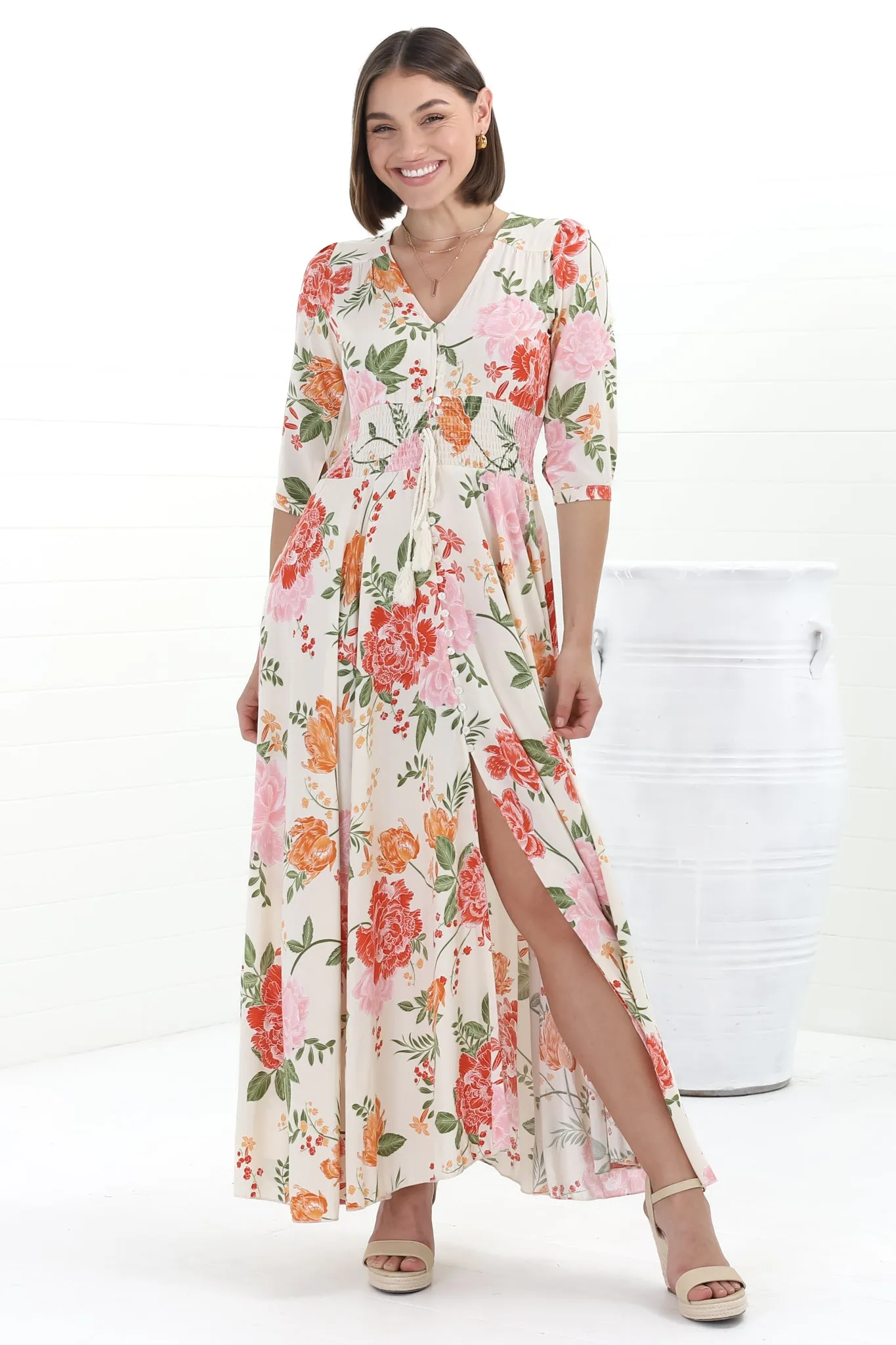 Indiana Maxi Dress - Lace Back Shirred Waist A Line Dress with Handkerchief Hemline in Verbena Print sold by Salty Crush product image thumbnail 2