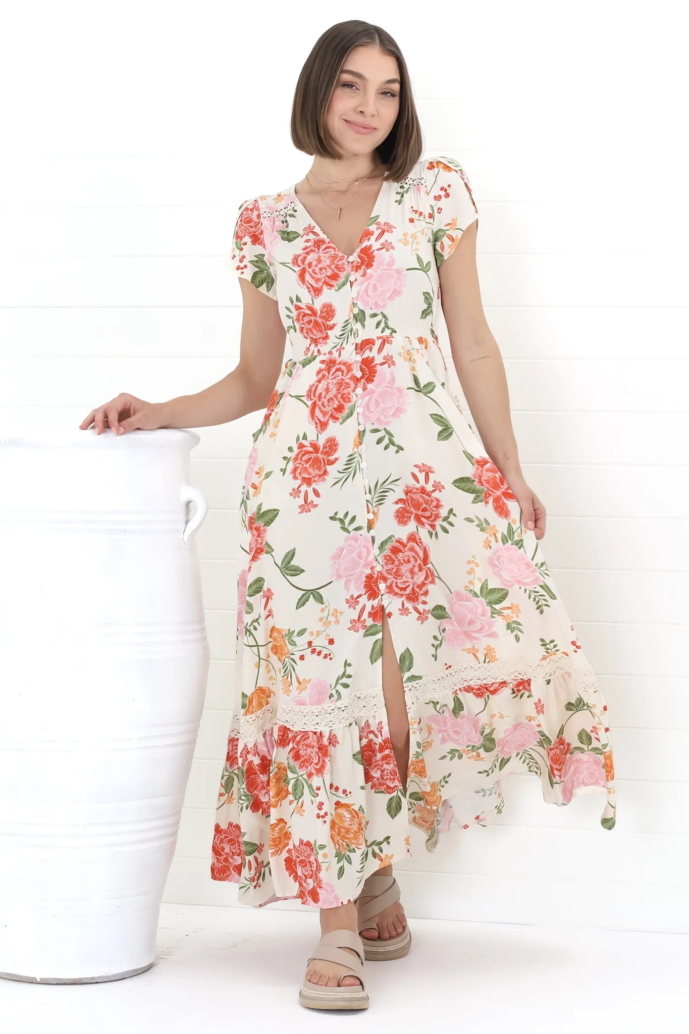 Carmen Maxi Dress - Butterfly Cap Sleeve Button Down A-Line Dress with Lace Trim in Verbena sold by Salty Crush product image thumbnail 5