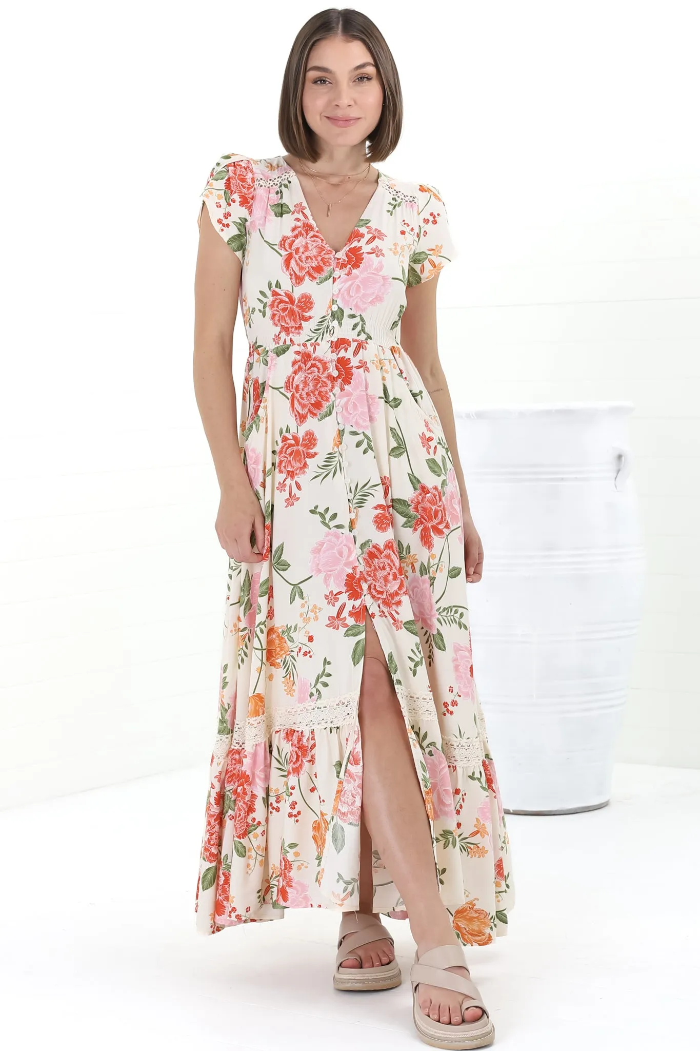 Carmen Maxi Dress - Butterfly Cap Sleeve Button Down A-Line Dress with Lace Trim in Verbena sold by Salty Crush product image thumbnail 3
