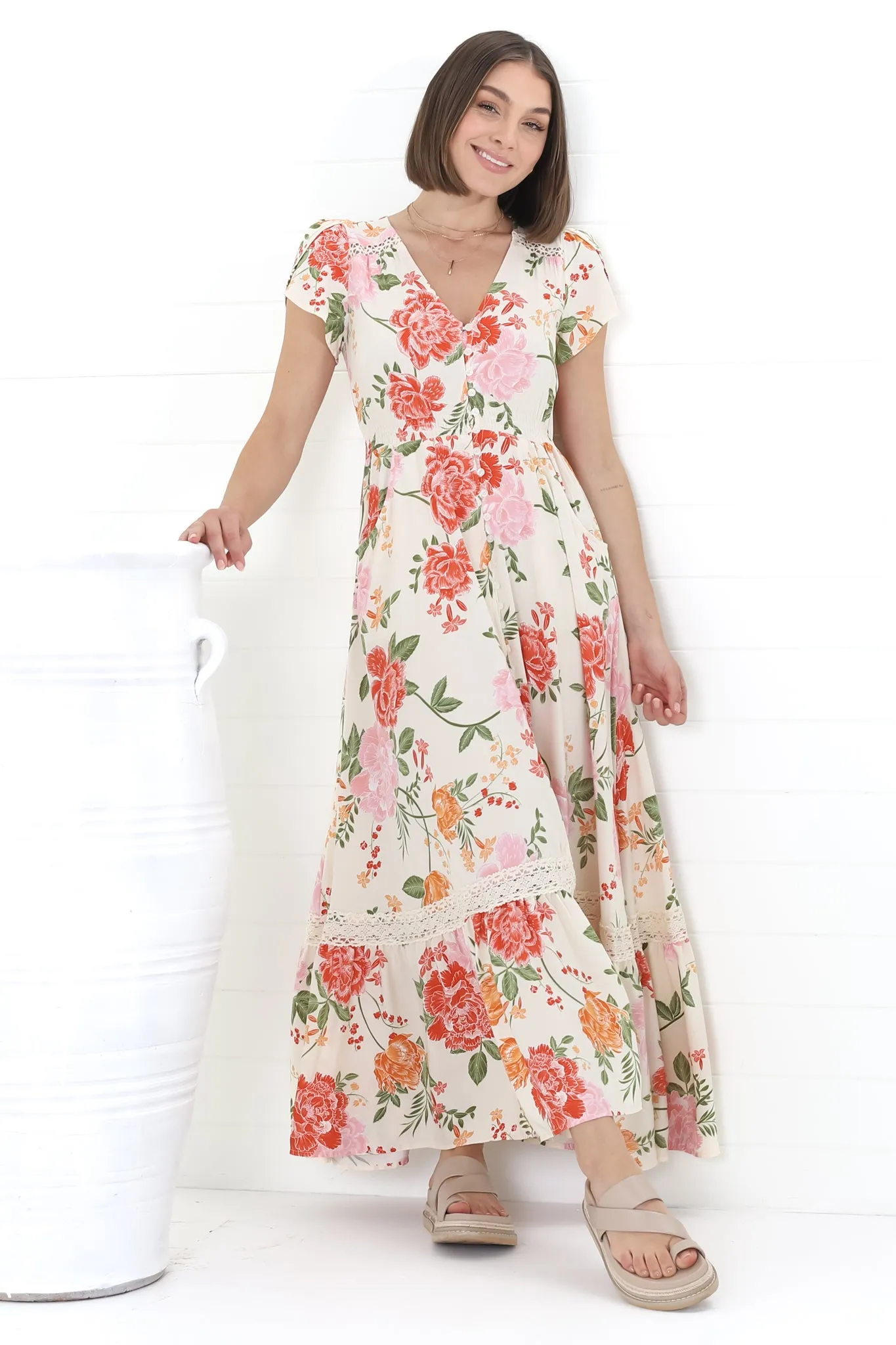 Carmen Maxi Dress - Butterfly Cap Sleeve Button Down A-Line Dress with Lace Trim in Verbena sold by Salty Crush