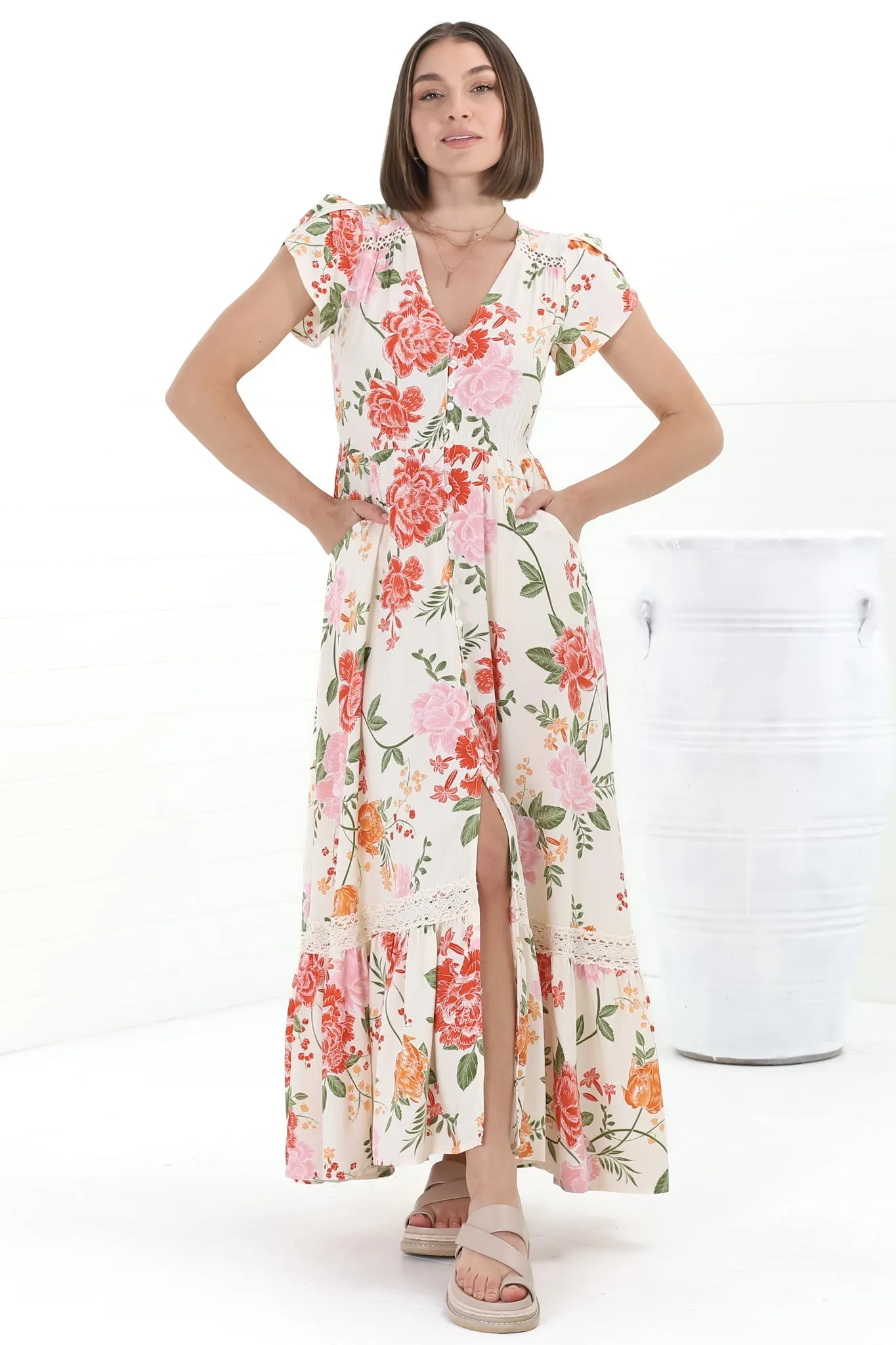 Carmen Maxi Dress - Butterfly Cap Sleeve Button Down A-Line Dress with Lace Trim in Verbena sold by Salty Crush product image thumbnail 4