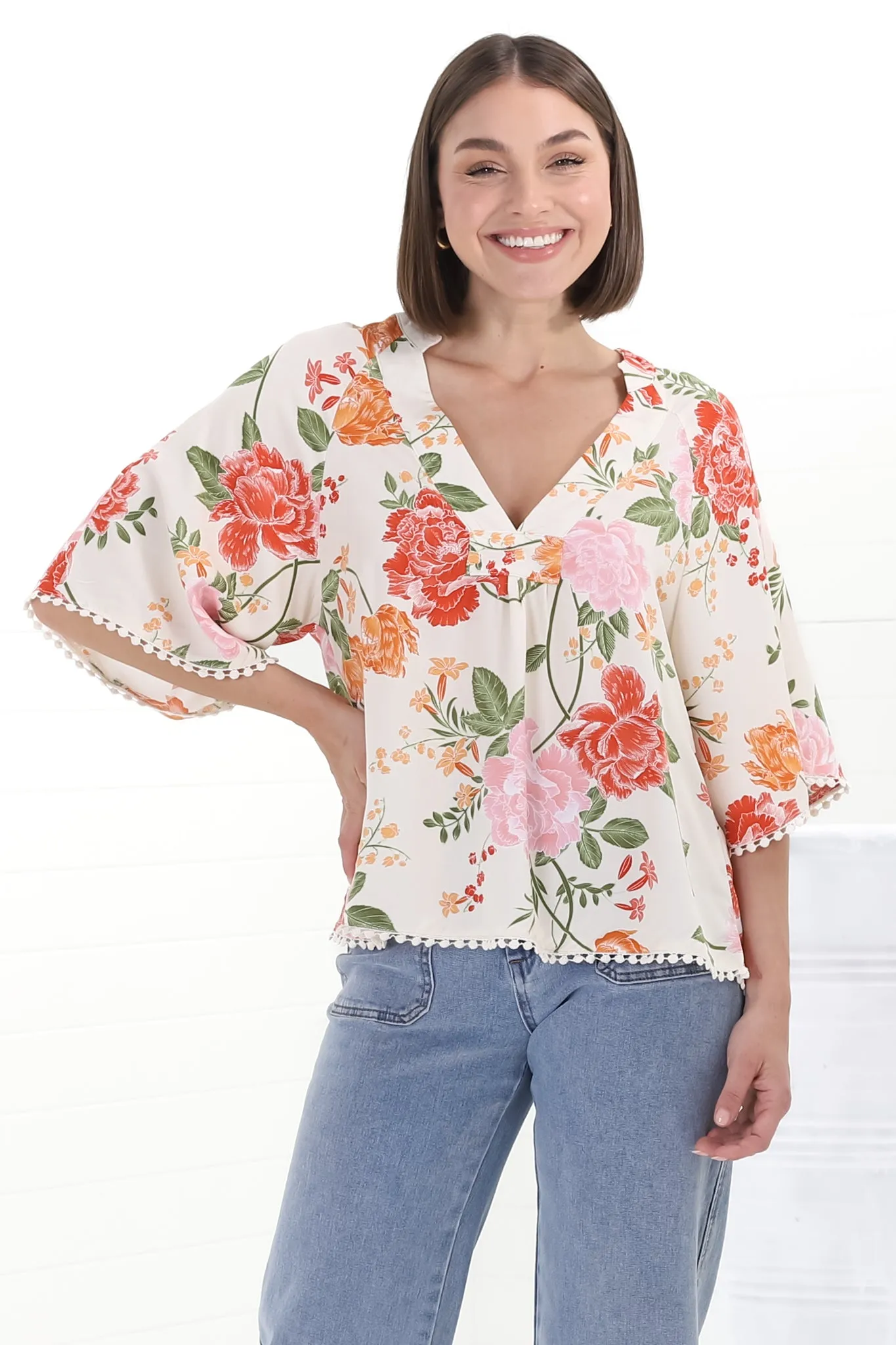 Gabriella Top - Mandarin Collar Deep V Neck Crochet Trim Top in Verbena Print sold by Salty Crush
