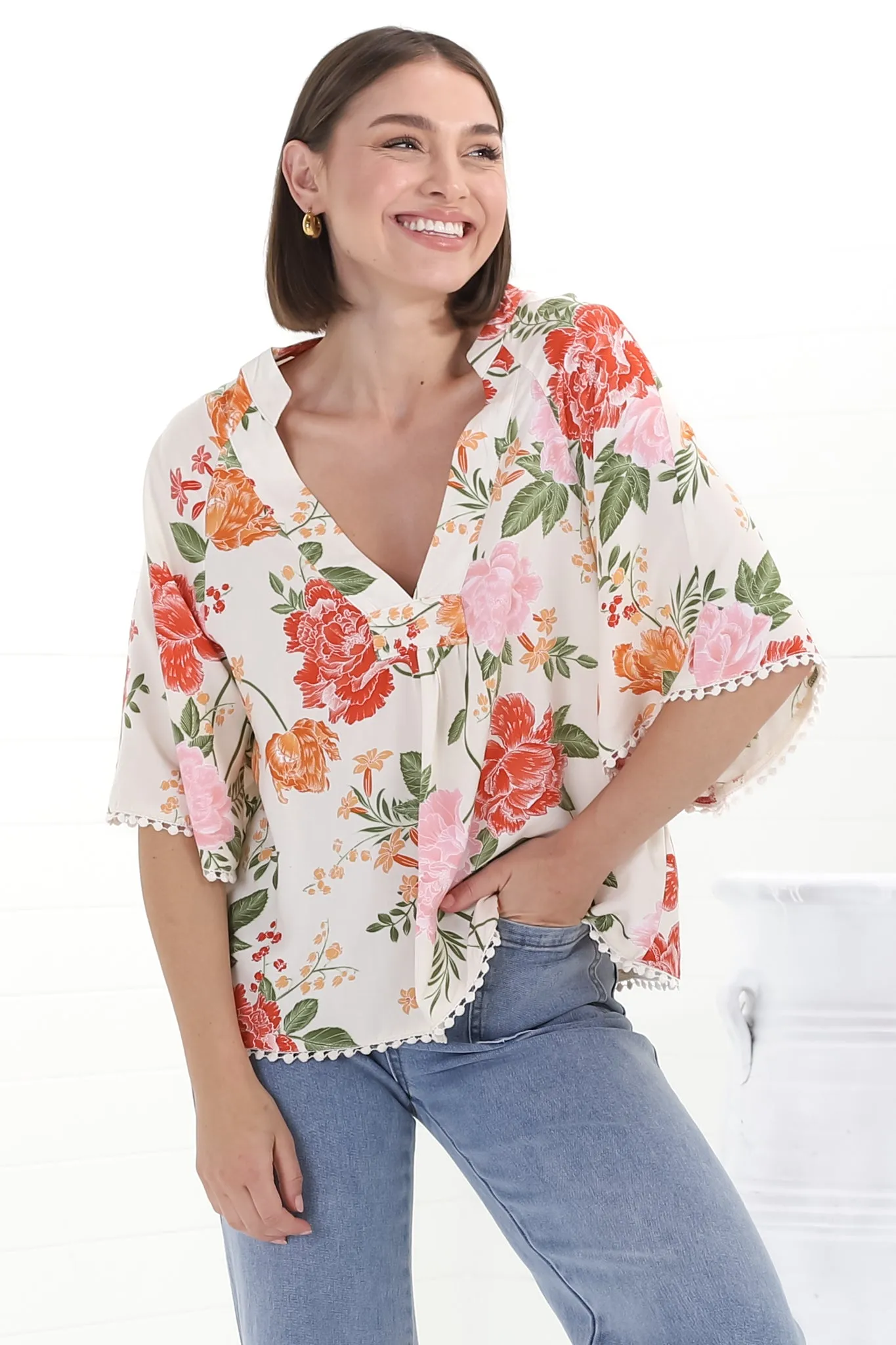 Gabriella Top - Mandarin Collar Deep V Neck Crochet Trim Top in Verbena Print sold by Salty Crush product image thumbnail 5