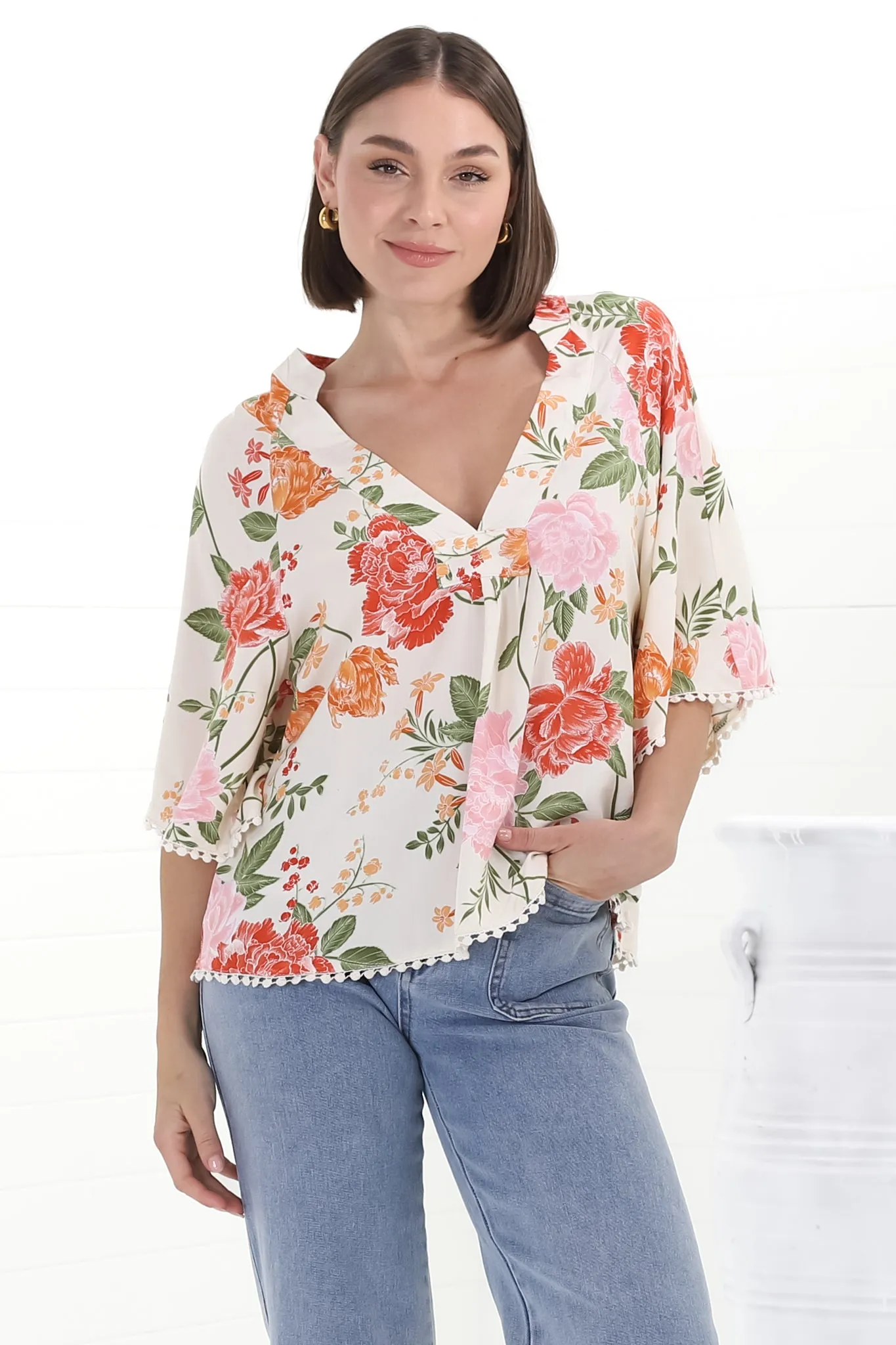 Gabriella Top - Mandarin Collar Deep V Neck Crochet Trim Top in Verbena Print sold by Salty Crush product image thumbnail 2