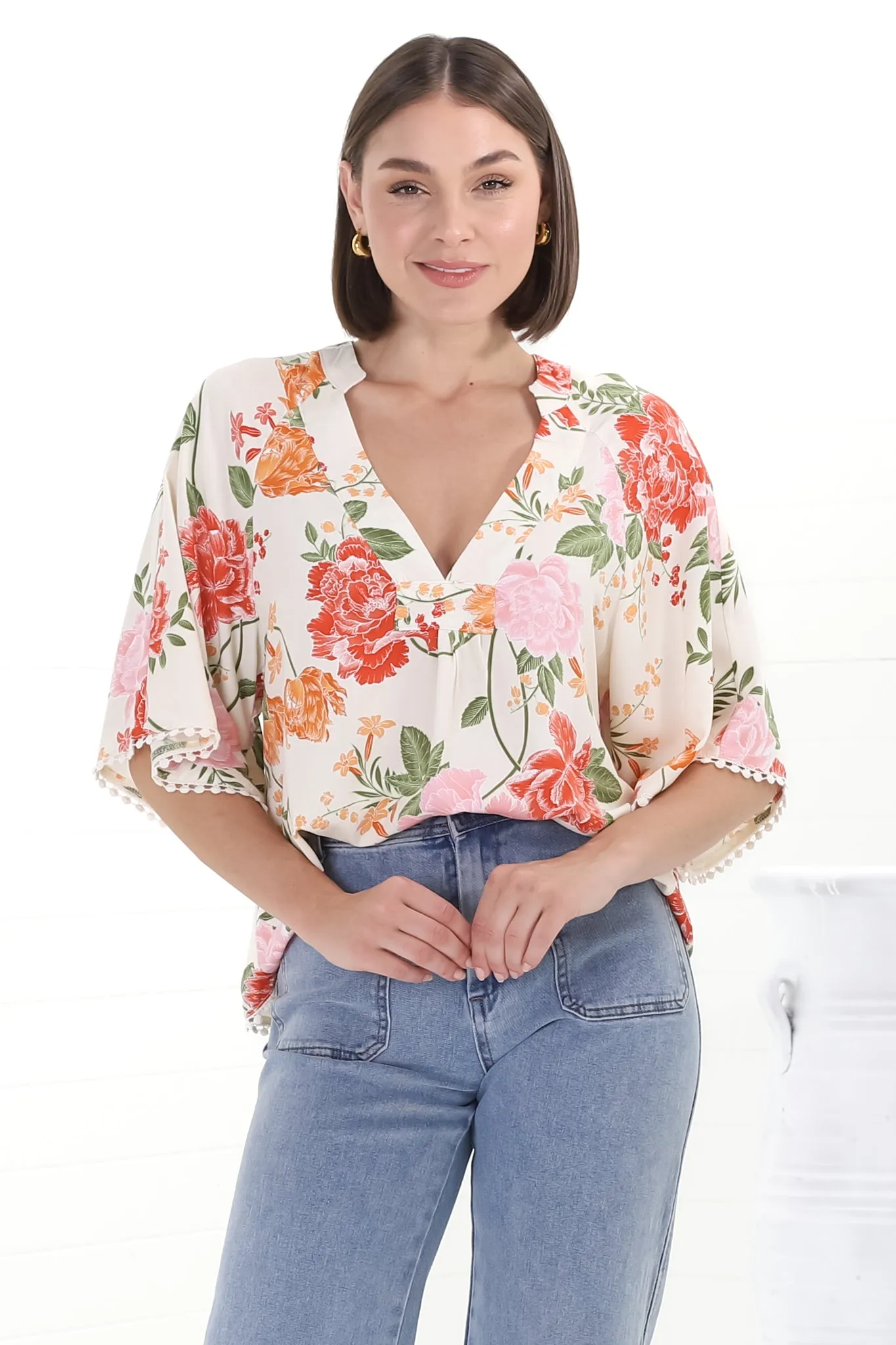 Gabriella Top - Mandarin Collar Deep V Neck Crochet Trim Top in Verbena Print sold by Salty Crush product image thumbnail 4