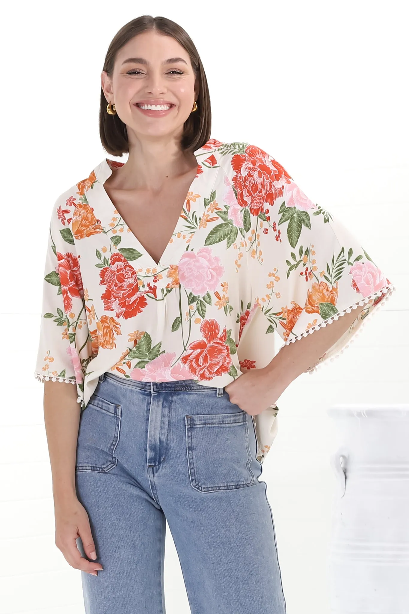 Gabriella Top - Mandarin Collar Deep V Neck Crochet Trim Top in Verbena Print sold by Salty Crush product image thumbnail 3