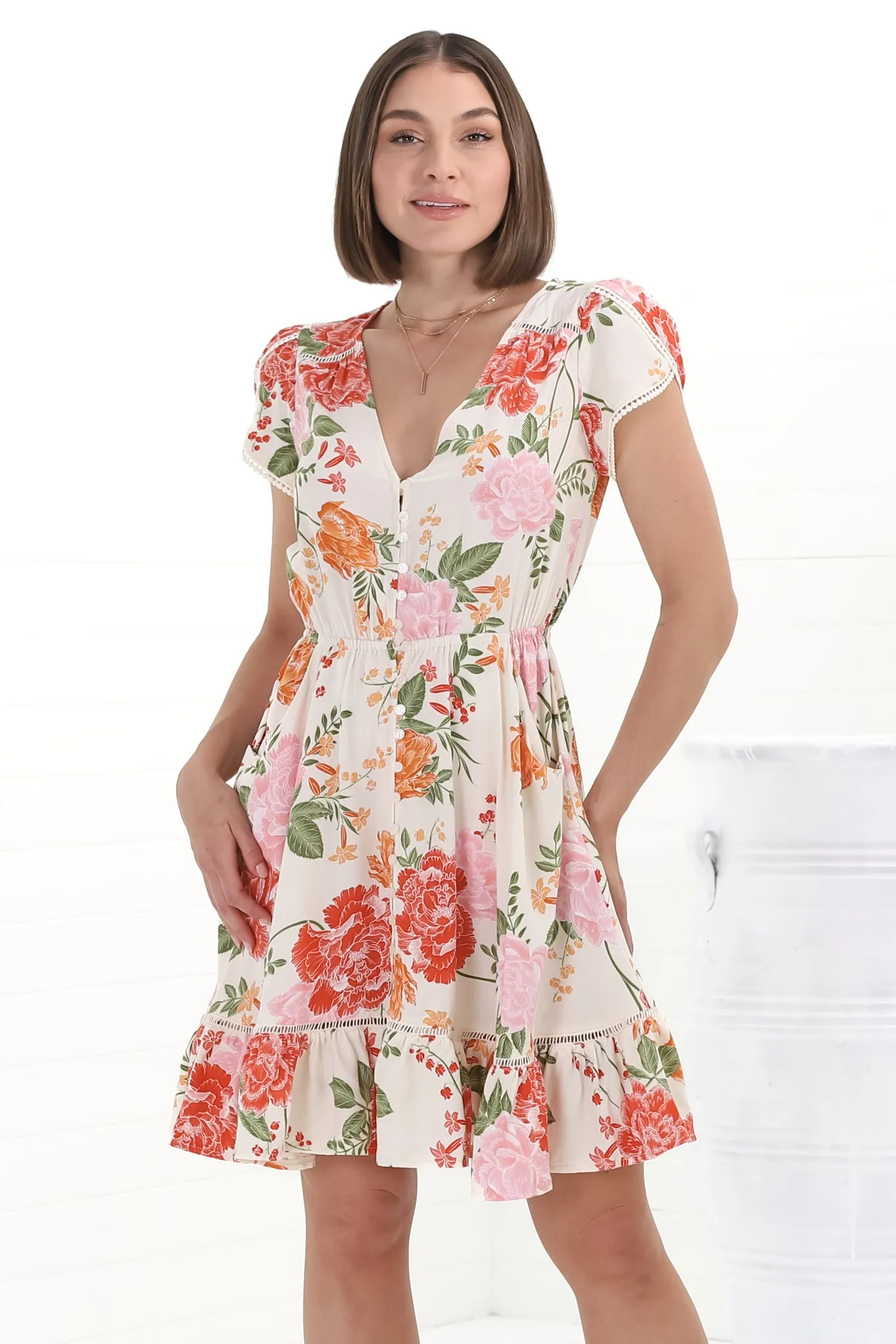 Lizzie Mini Dress - Butterfly Cap Sleeve Button Down Dress with Pockets in Verbena Print sold by Salty Crush product image thumbnail 5