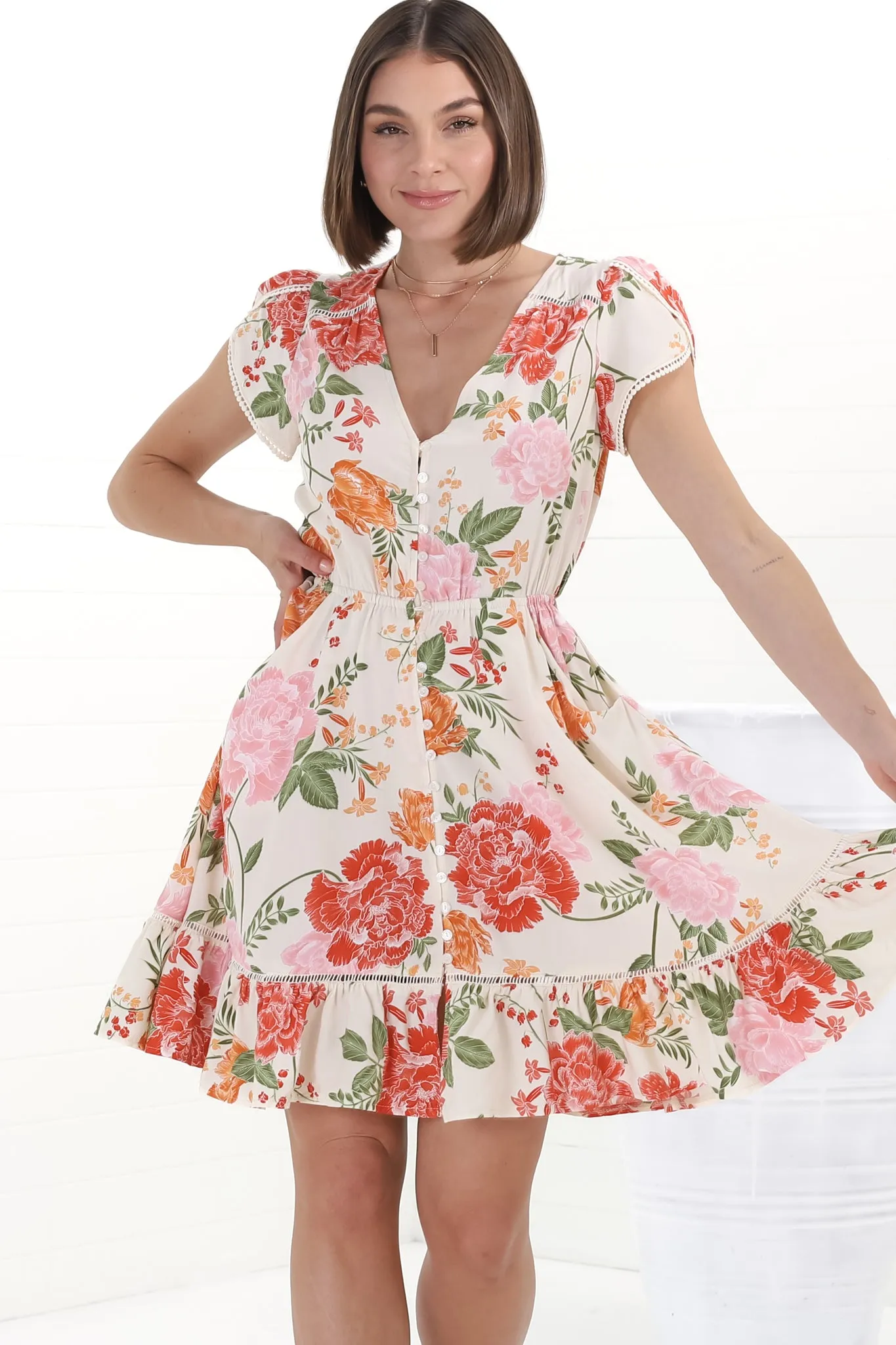 Lizzie Mini Dress - Butterfly Cap Sleeve Button Down Dress with Pockets in Verbena Print sold by Salty Crush product image thumbnail 4