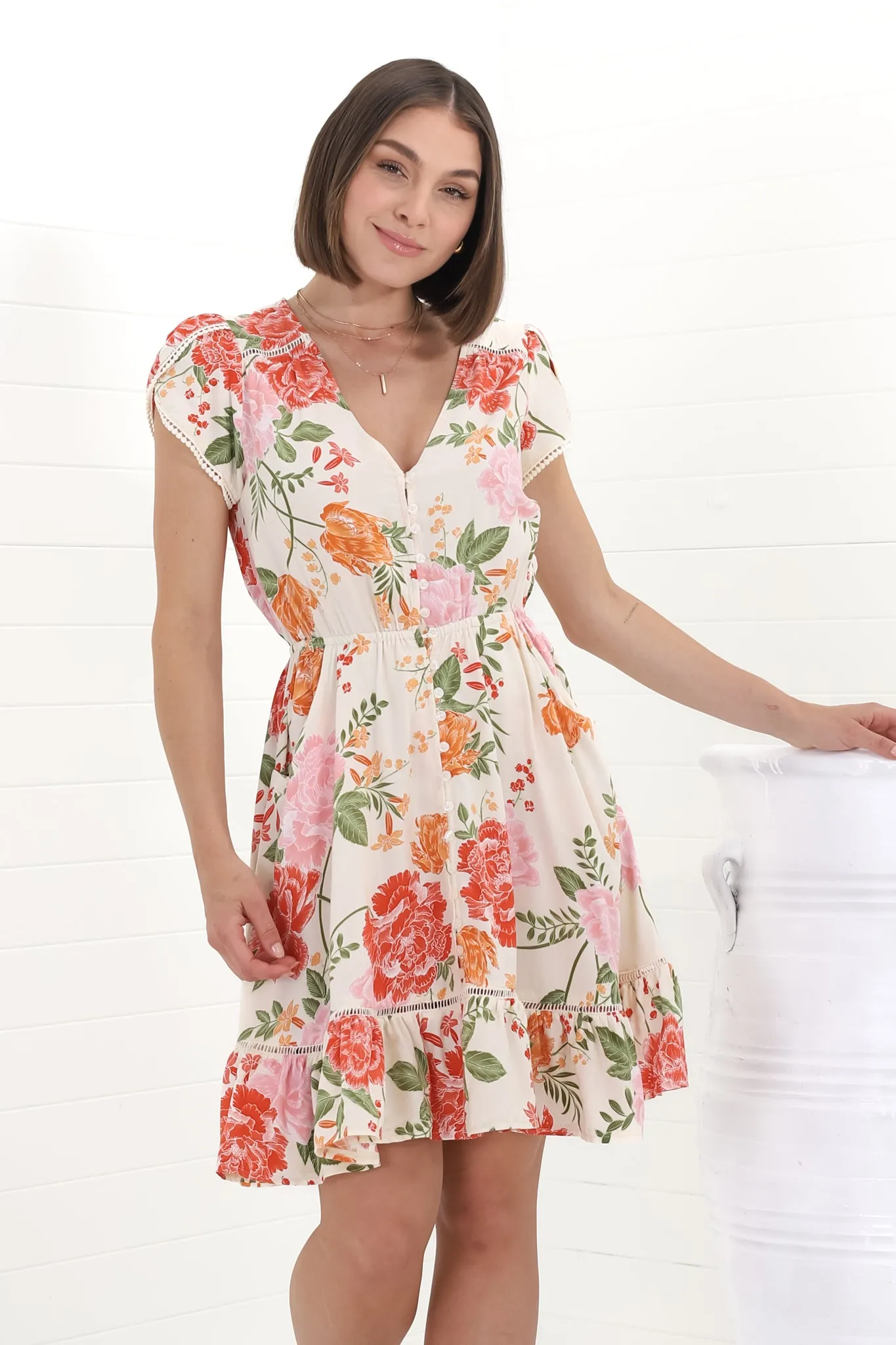 Lizzie Mini Dress - Butterfly Cap Sleeve Button Down Dress with Pockets in Verbena Print sold by Salty Crush
