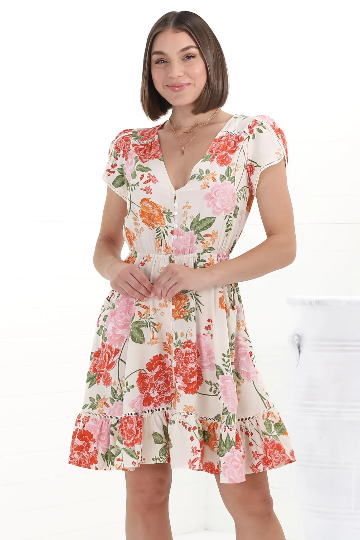 Lizzie Mini Dress - Butterfly Cap Sleeve Button Down Dress with Pockets in Verbena Print sold by Salty Crush product image thumbnail 3