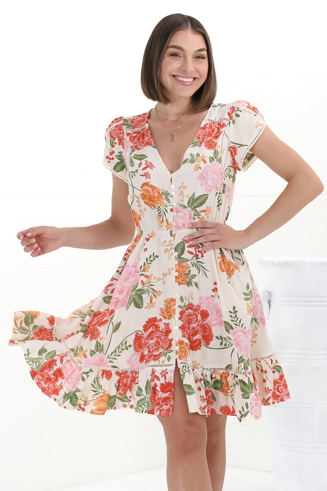 Lizzie Mini Dress - Butterfly Cap Sleeve Button Down Dress with Pockets in Verbena Print sold by Salty Crush product image thumbnail 2