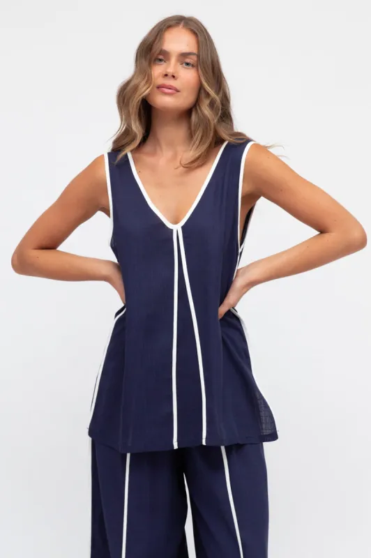 Danica Top - Contrast Piping Detailed V Neck Sleeveless Top in Navy sold by Salty Crush