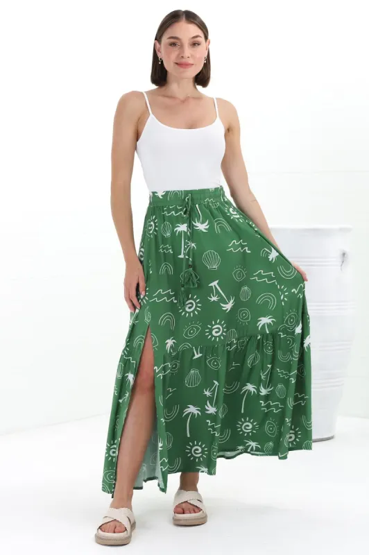 Hellen Maxi Skirt - High Waisted Skirt with Front Splits in Maui Print Green sold by Salty Crush