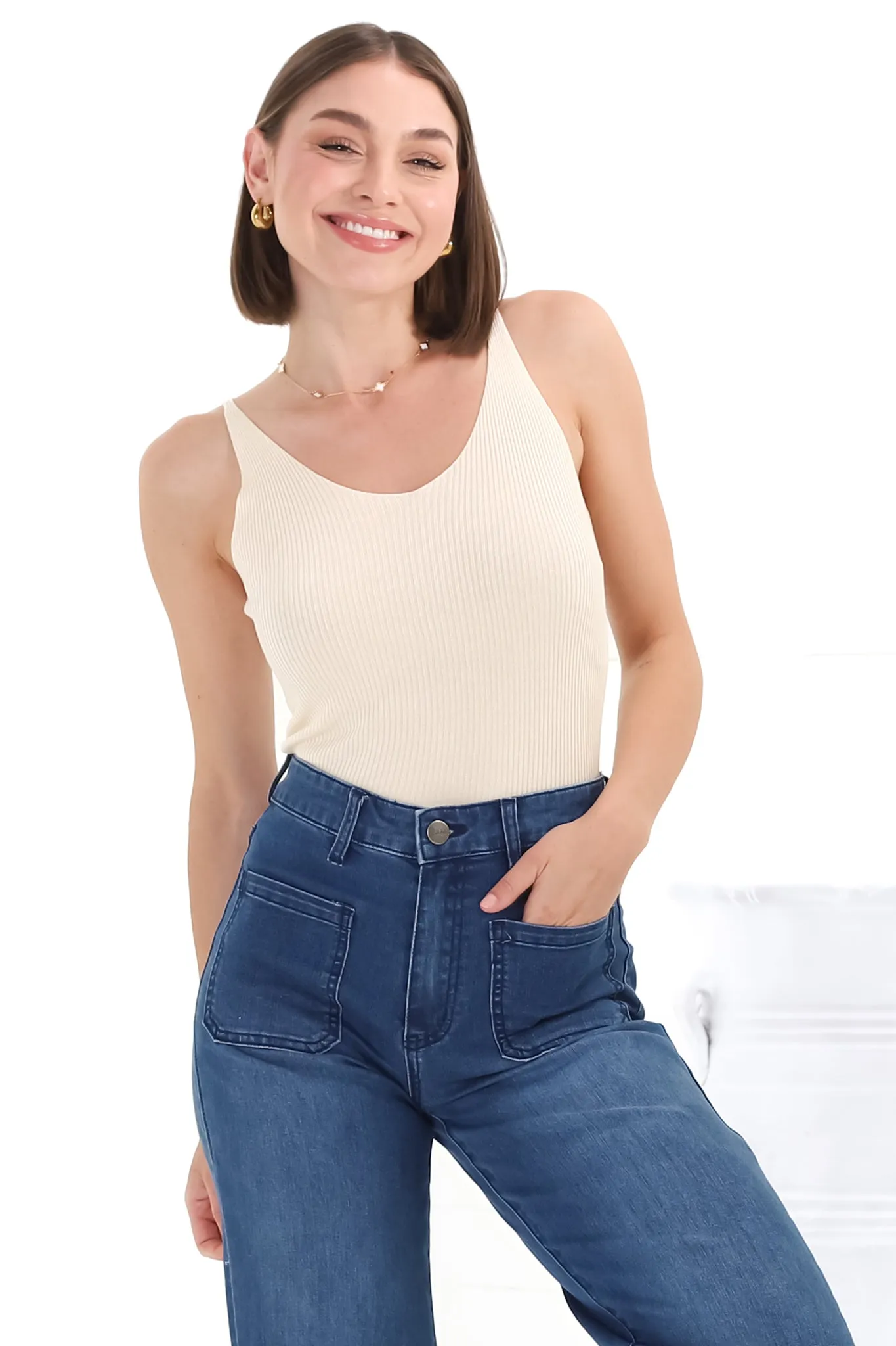 Ava Cami - Soft V Neck Ribbed Cami in Cream sold by Salty Crush