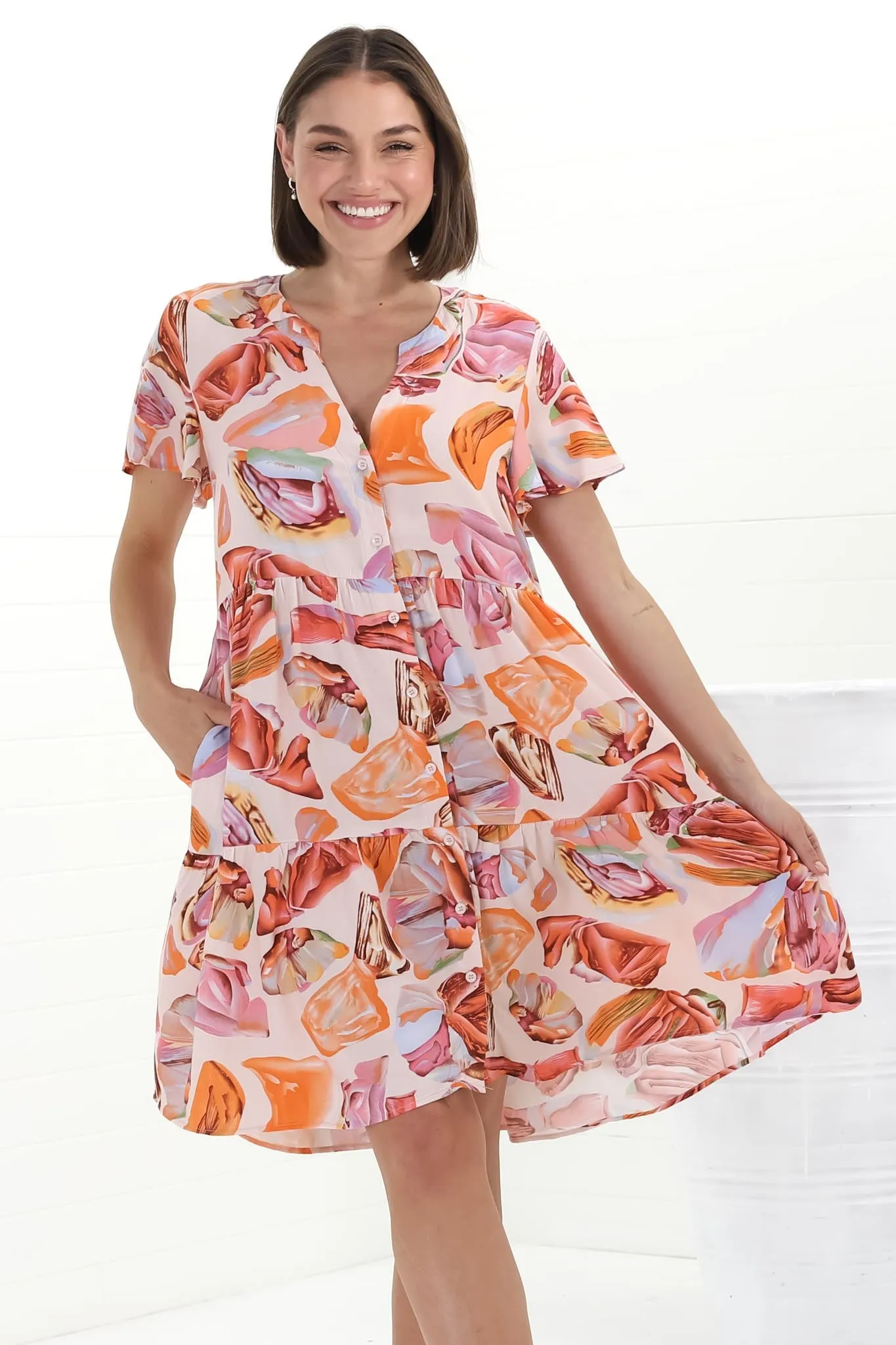 Wilma Mini Dress - Bermuda Collar Button Down Cape Sleeve Dress in Adelita Print Orange sold by Salty Crush