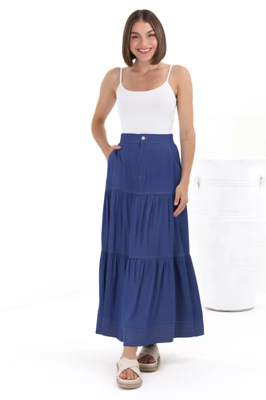 Kelso Maxi Skirt - High Waisted Contrast Stitching A-Line Skirt in Denim Blue sold by Salty Crush