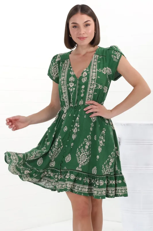 Lizzie Mini Dress - Butterfly Cap Sleeve Button Down Dress with Pockets in Kiva Print sold by Salty Crush