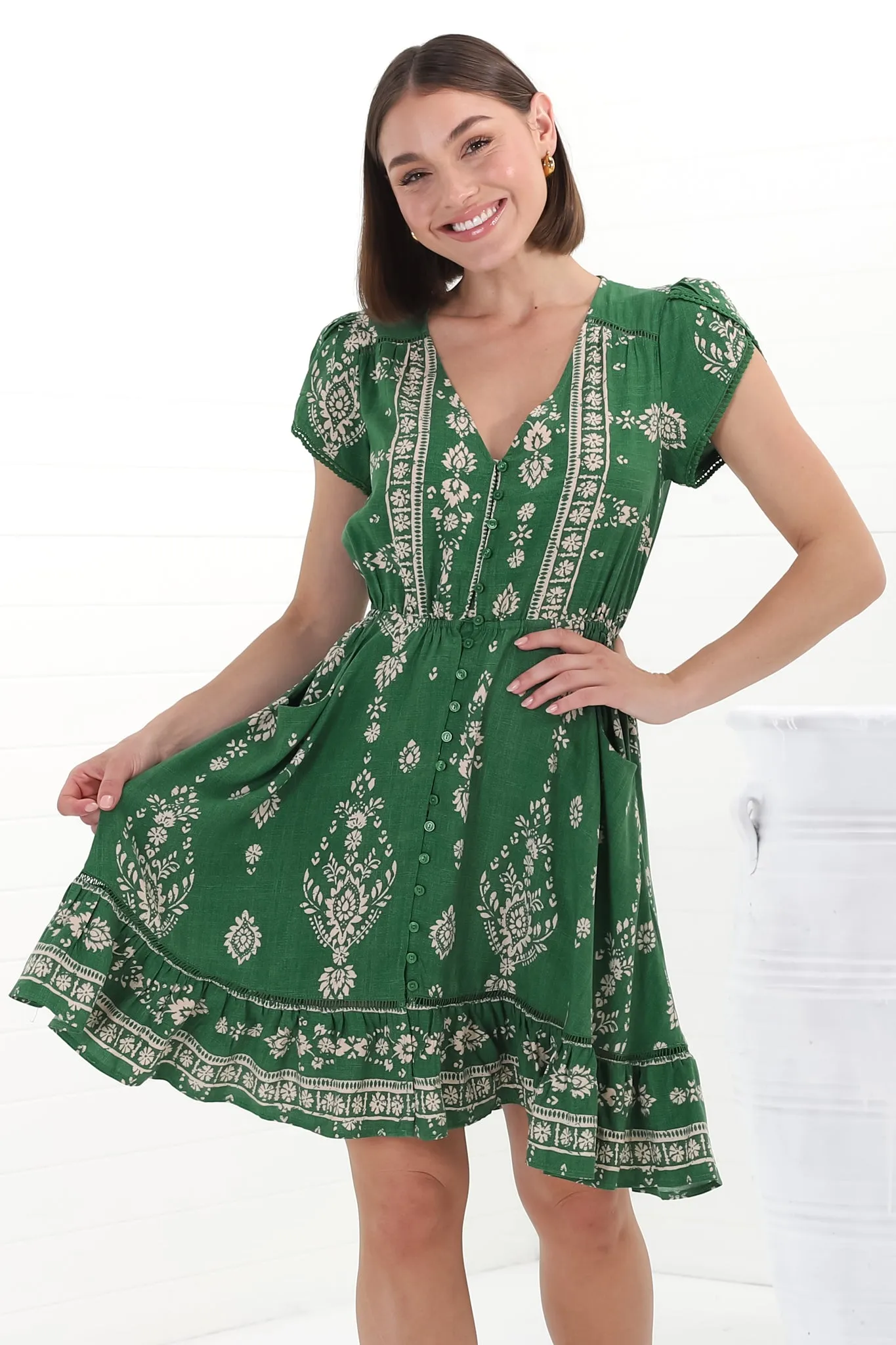 Lizzie Mini Dress - Butterfly Cap Sleeve Button Down Dress with Pockets in Kiva Print sold by Salty Crush product image thumbnail 4