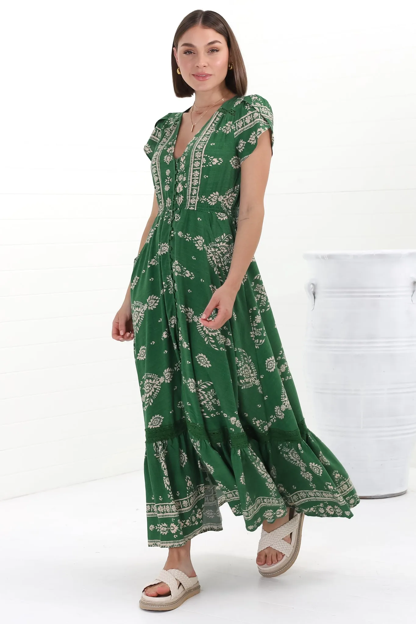 Carmen Maxi Dress - Butterfly Cap Sleeve Button Down A Line Dress with Lace Trim in Kiva sold by Salty Crush product image thumbnail 5