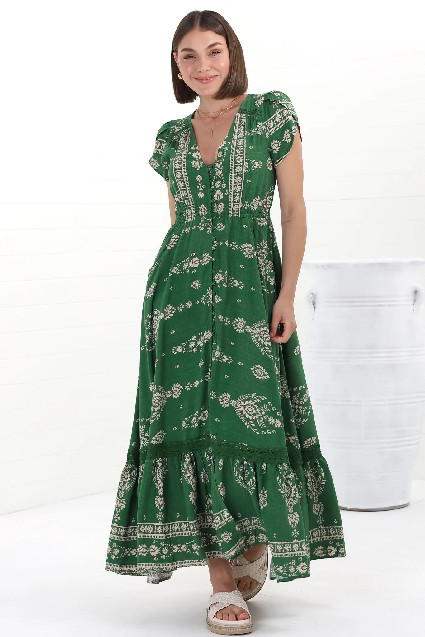 Carmen Maxi Dress - Butterfly Cap Sleeve Button Down A Line Dress with Lace Trim in Kiva sold by Salty Crush product image thumbnail 2