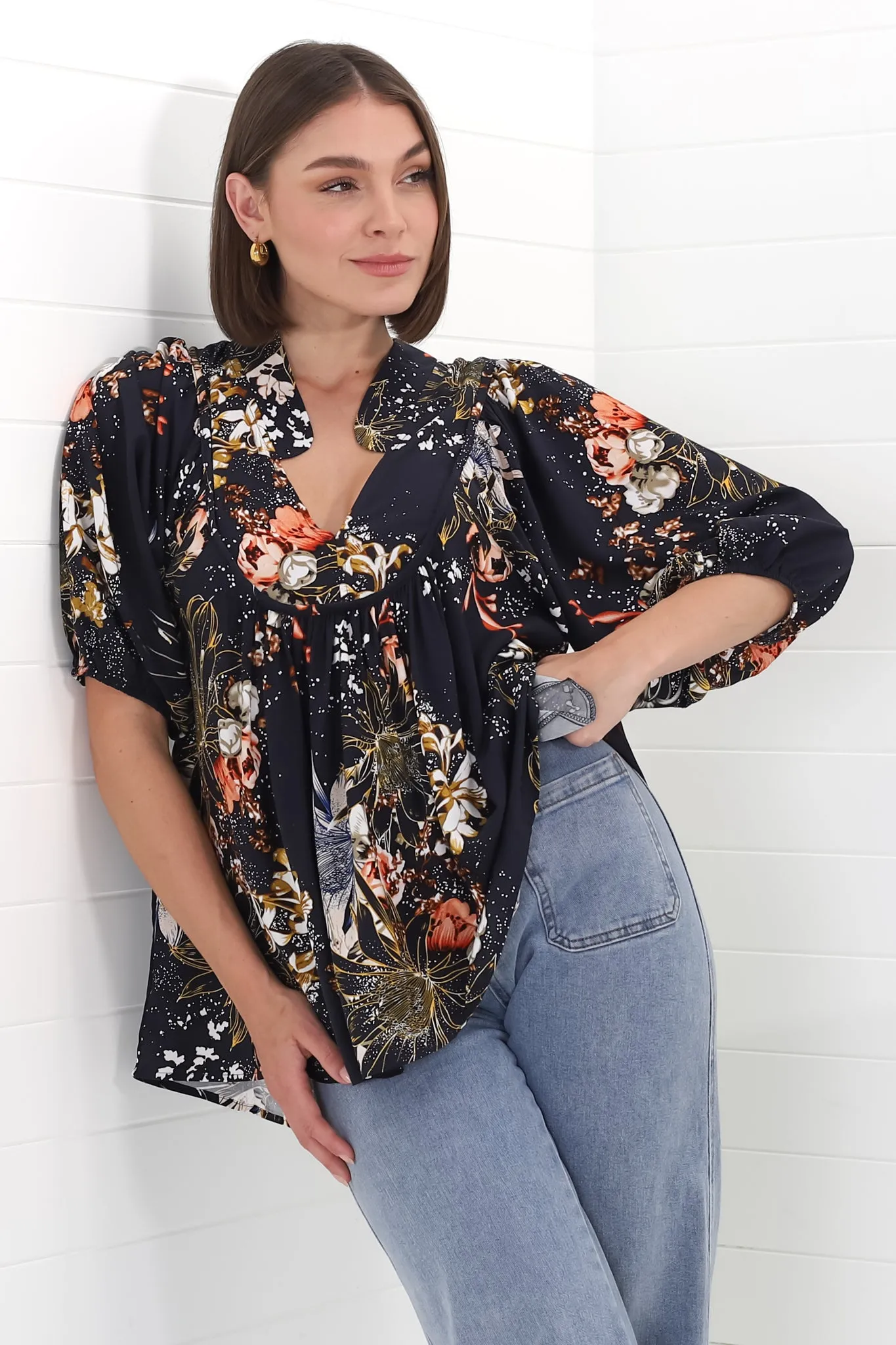Boheme Blouse - Thick Collar Smock Blouse in Indigo Print sold by Salty Crush
