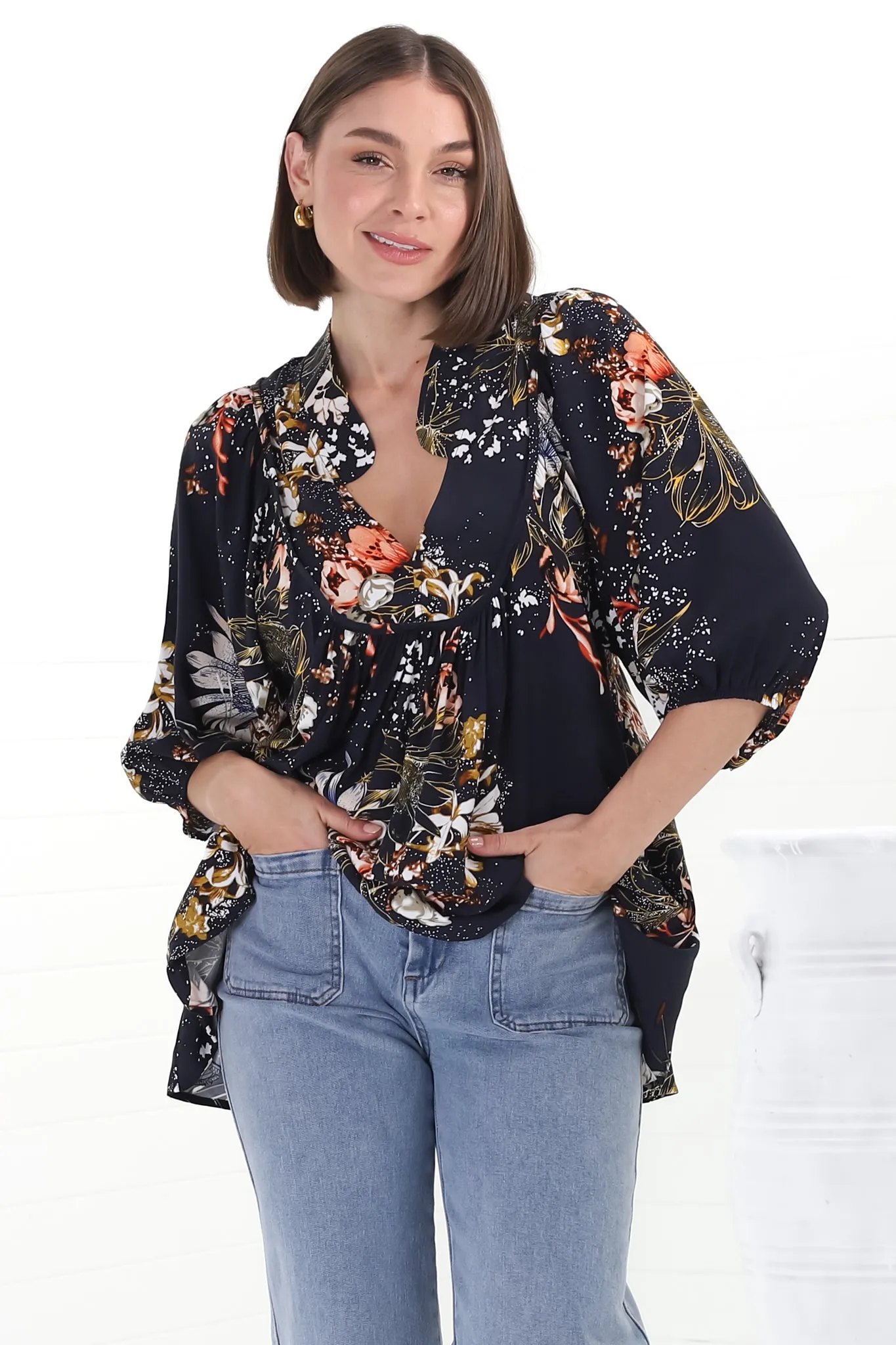 Boheme Blouse - Thick Collar Smock Blouse in Indigo Print sold by Salty Crush product image thumbnail 4