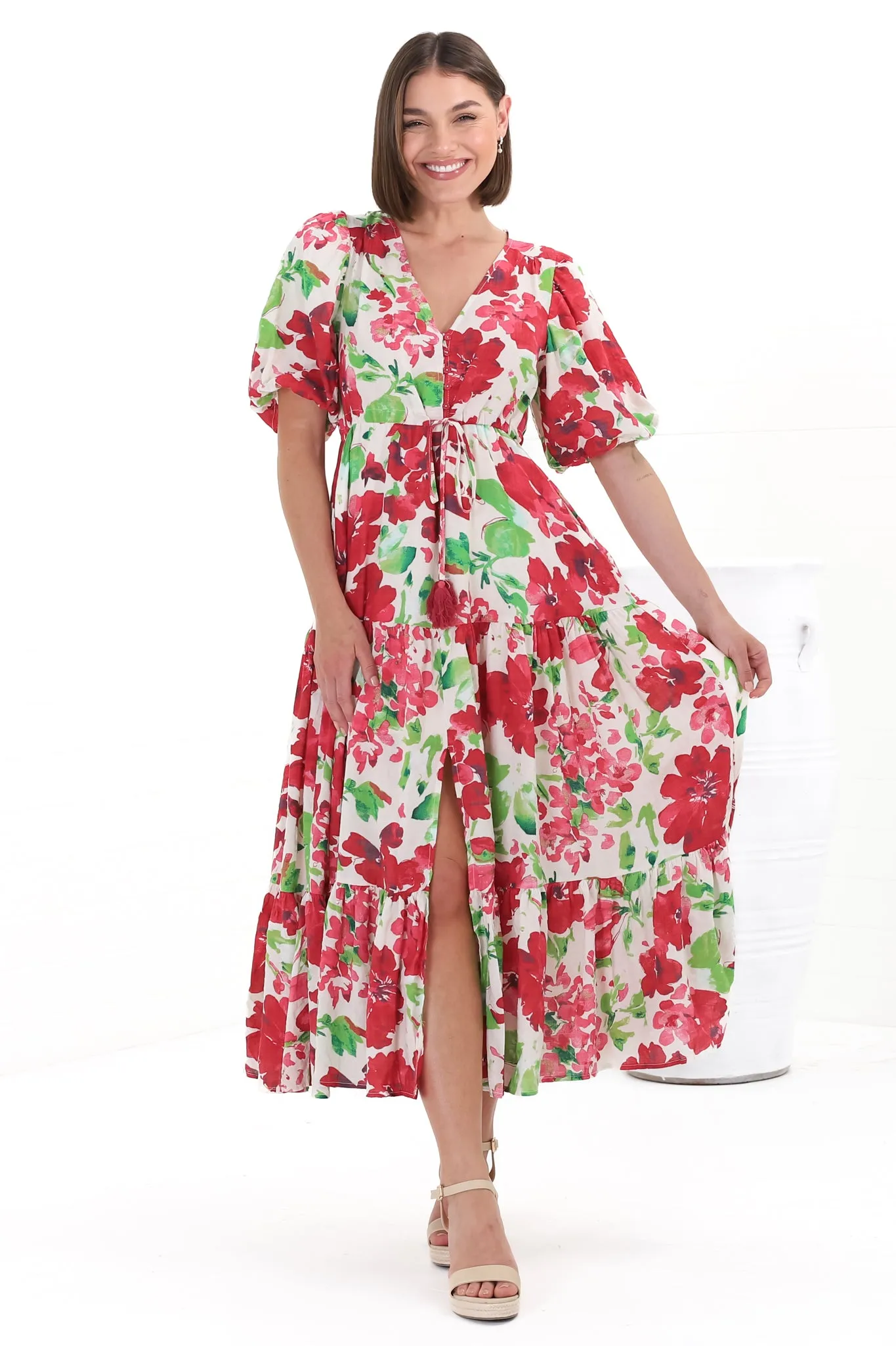 Marietta Maxi Dress - Buttoned Bodice A Line Dress With Short Balloon Sleeves in Primavera Print sold by Salty Crush
