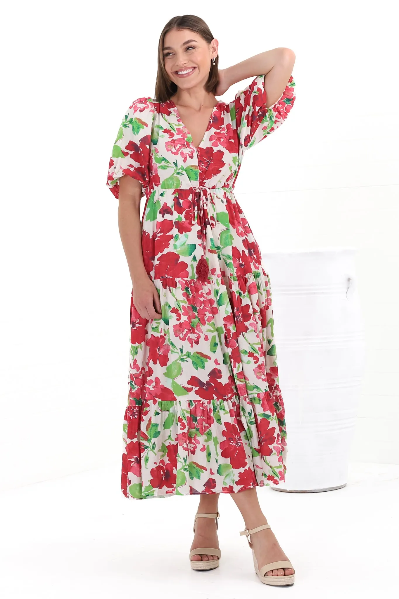 Marietta Maxi Dress - Buttoned Bodice A Line Dress With Short Balloon Sleeves in Primavera Print sold by Salty Crush product image thumbnail 4