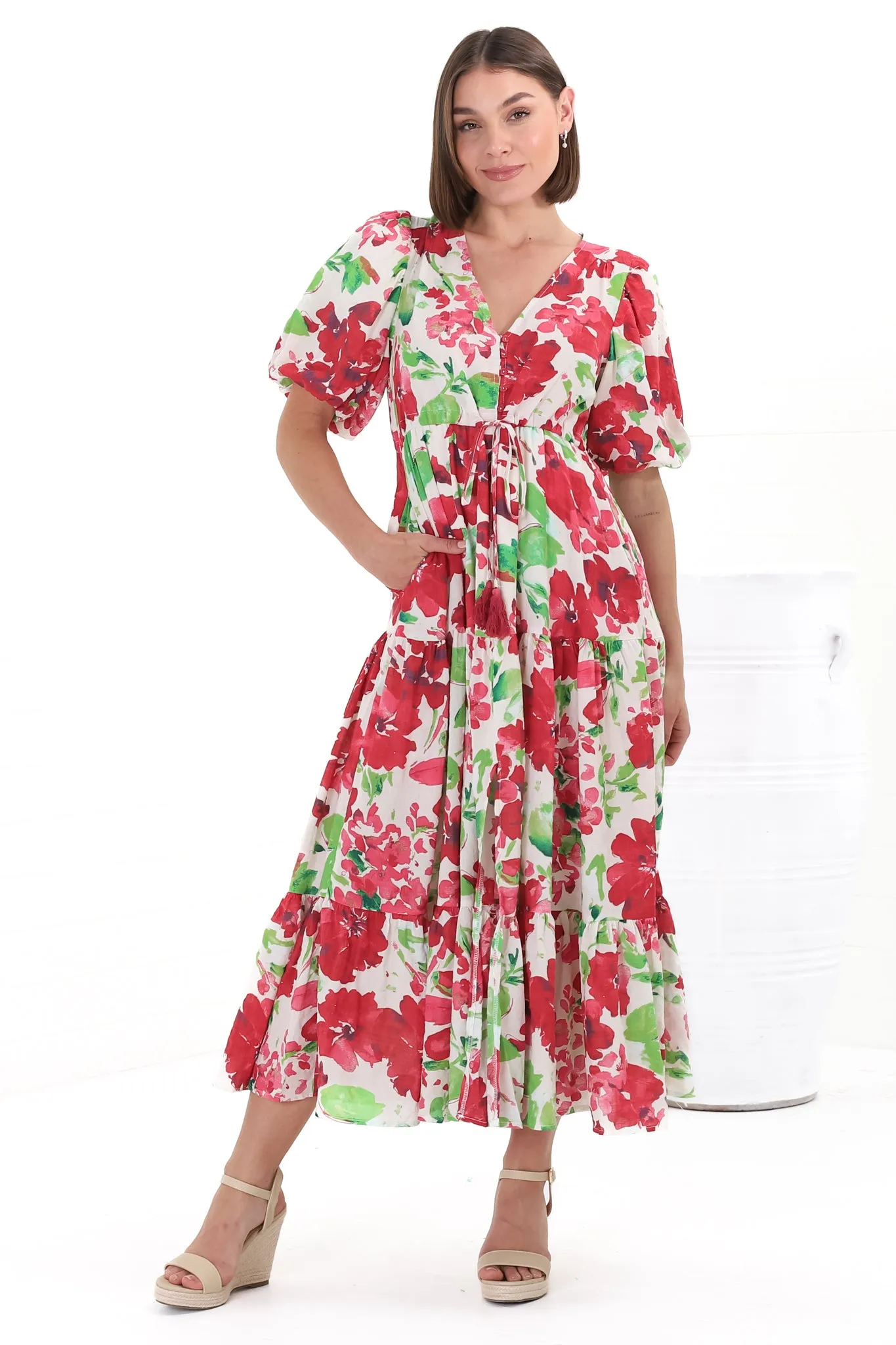 Marietta Maxi Dress - Buttoned Bodice A Line Dress With Short Balloon Sleeves in Primavera Print sold by Salty Crush product image thumbnail 3