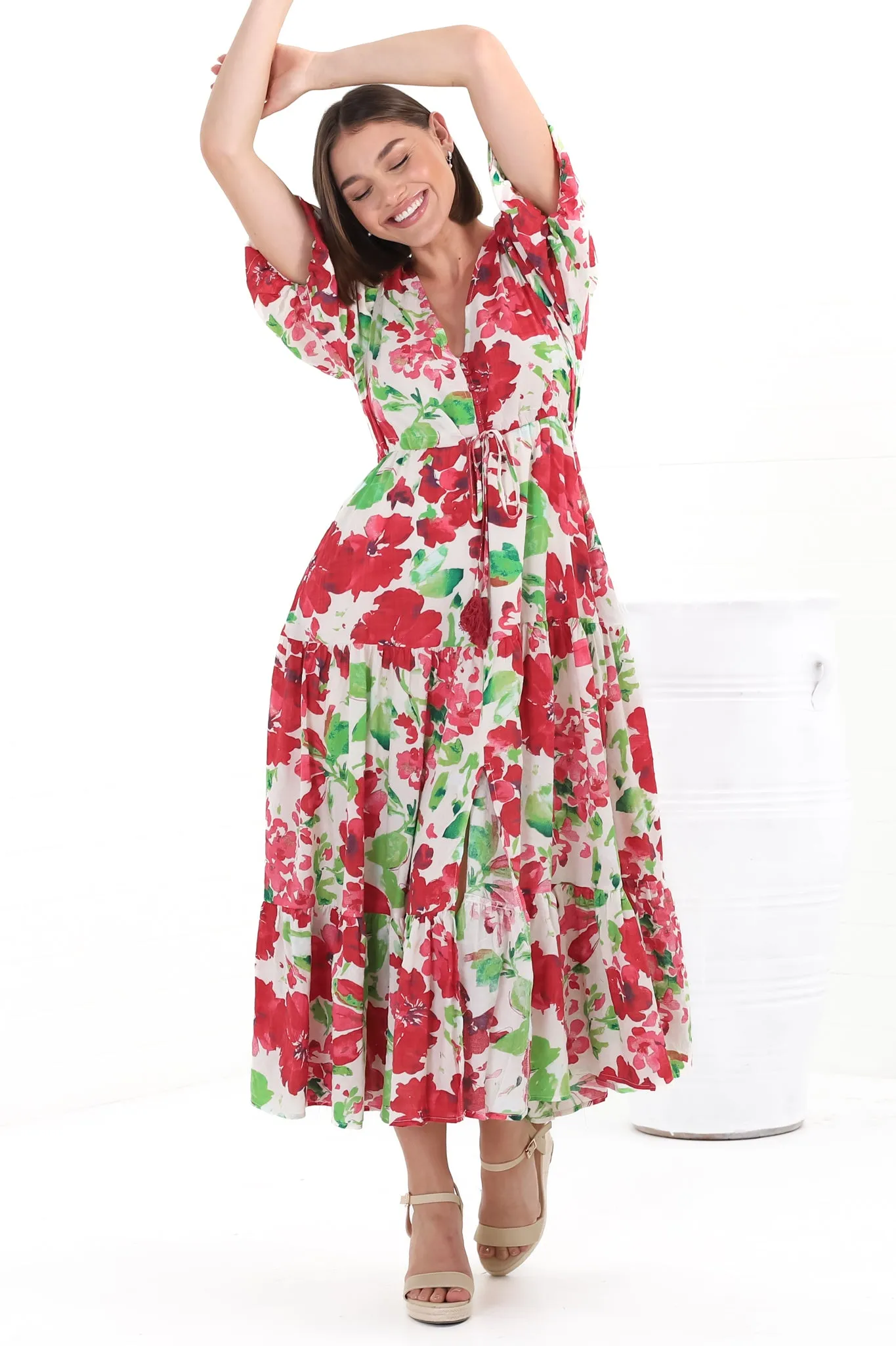Marietta Maxi Dress - Buttoned Bodice A Line Dress With Short Balloon Sleeves in Primavera Print sold by Salty Crush product image thumbnail 2