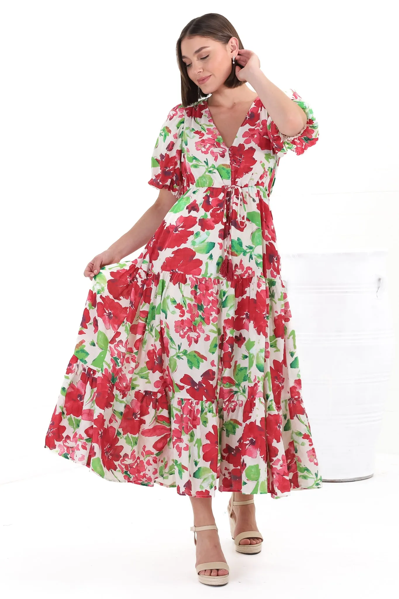 Marietta Maxi Dress - Buttoned Bodice A Line Dress With Short Balloon Sleeves in Primavera Print sold by Salty Crush product image thumbnail 5