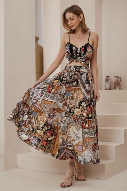 Zia Maxi Skirt - High Waisted Skirt with Front Splits in Elaine Print sold by Salty Crush