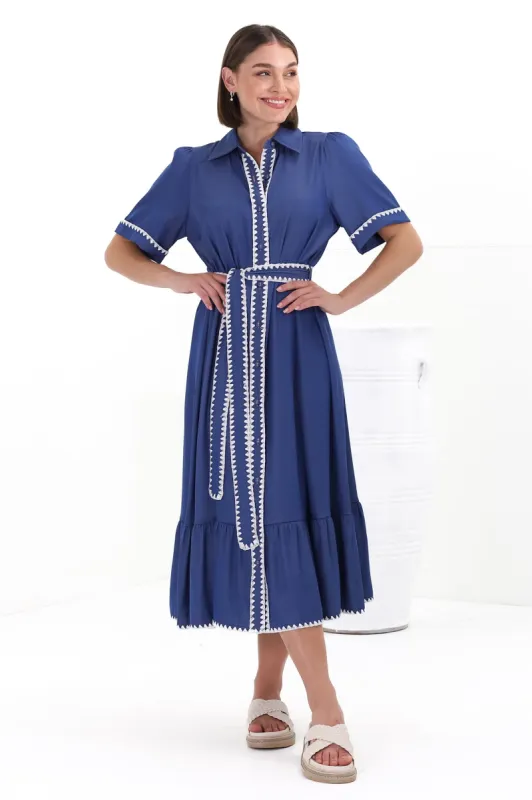 Kelsey Midi Dress - Contrast Trim Button Down Dress with Belt in Denim Blue sold by Salty Crush