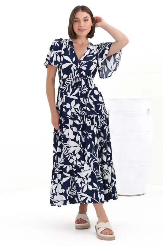 Adhira Maxi Dress - Buttoned Bodice A Line Dress With Flute Sleeves In Anvi Print sold by Salty Crush