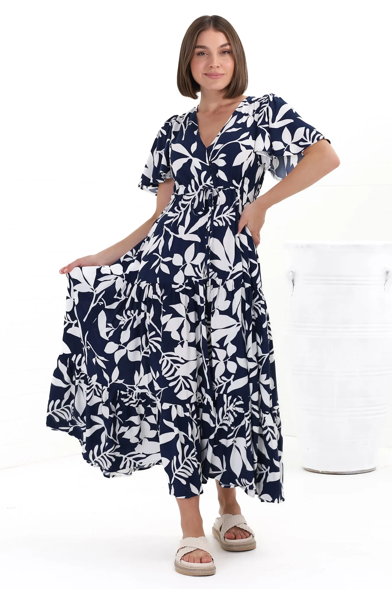 Adhira Maxi Dress - Buttoned Bodice A Line Dress With Flute Sleeves In Anvi Print sold by Salty Crush product image thumbnail 3