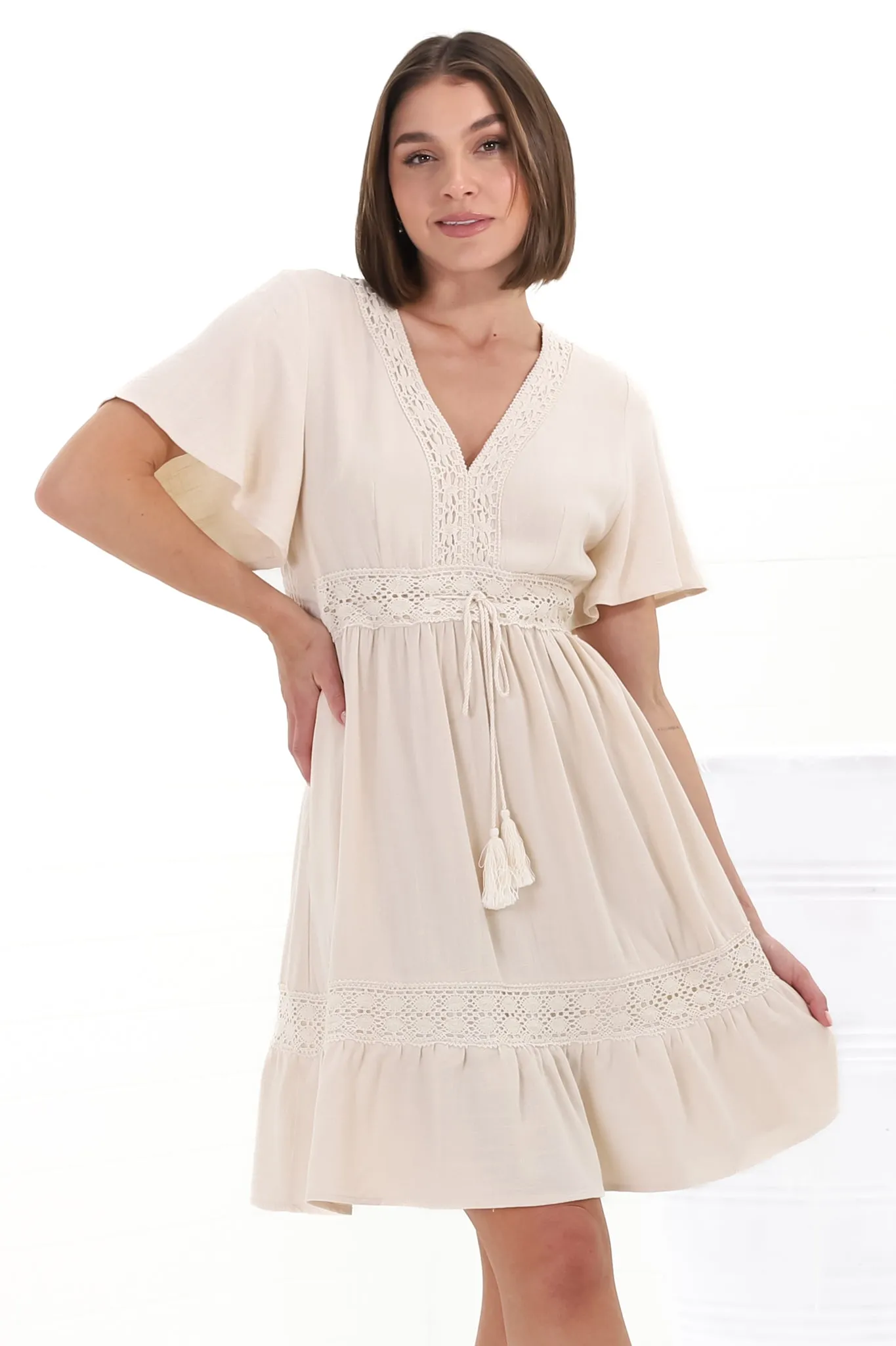 Kimmy Mini Dress - Lace Detailed Cape Sleeve Dress with Pull Tie Waist in Beige sold by Salty Crush product image thumbnail 3