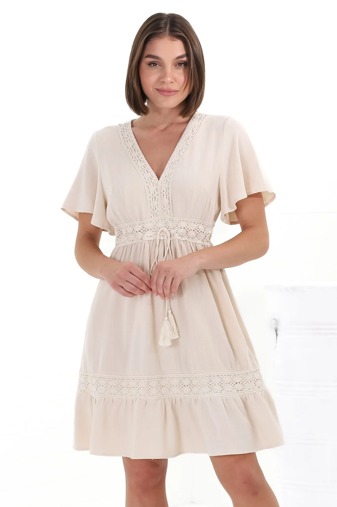Kimmy Mini Dress - Lace Detailed Cape Sleeve Dress with Pull Tie Waist in Beige sold by Salty Crush product image thumbnail 4