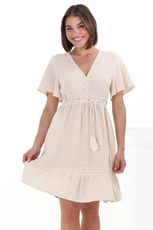 Kimmy Mini Dress - Lace Detailed Cape Sleeve Dress with Pull Tie Waist in Beige sold by Salty Crush
