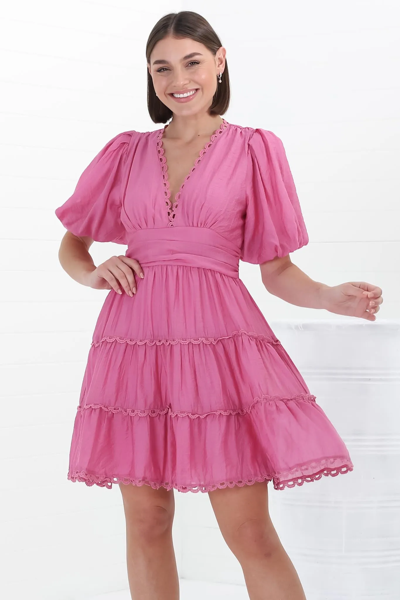 Haizlee Mini Dress - Billow Sleeve Tiered A-Line Mini in Pink sold by Salty Crush product image thumbnail 4