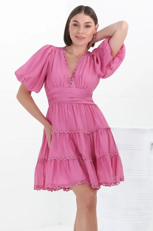 Haizlee Mini Dress - Billow Sleeve Tiered A-Line Mini in Pink sold by Salty Crush