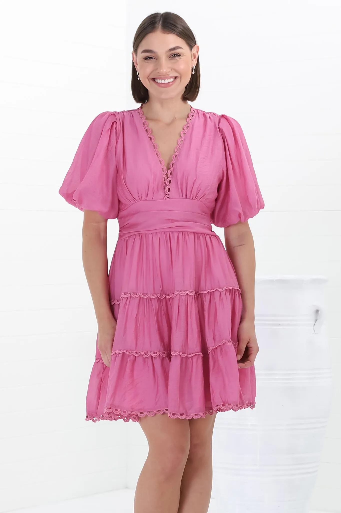 Haizlee Mini Dress - Billow Sleeve Tiered A-Line Mini in Pink sold by Salty Crush product image thumbnail 3