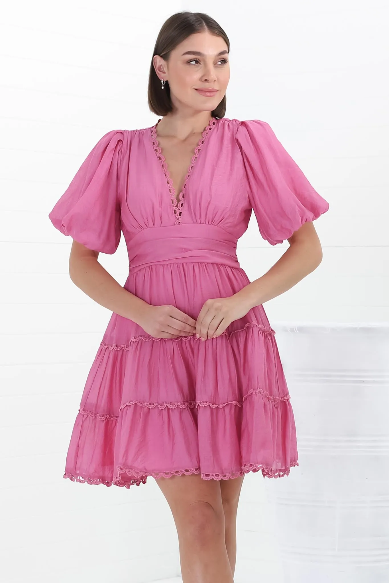 Haizlee Mini Dress - Billow Sleeve Tiered A-Line Mini in Pink sold by Salty Crush product image thumbnail 5
