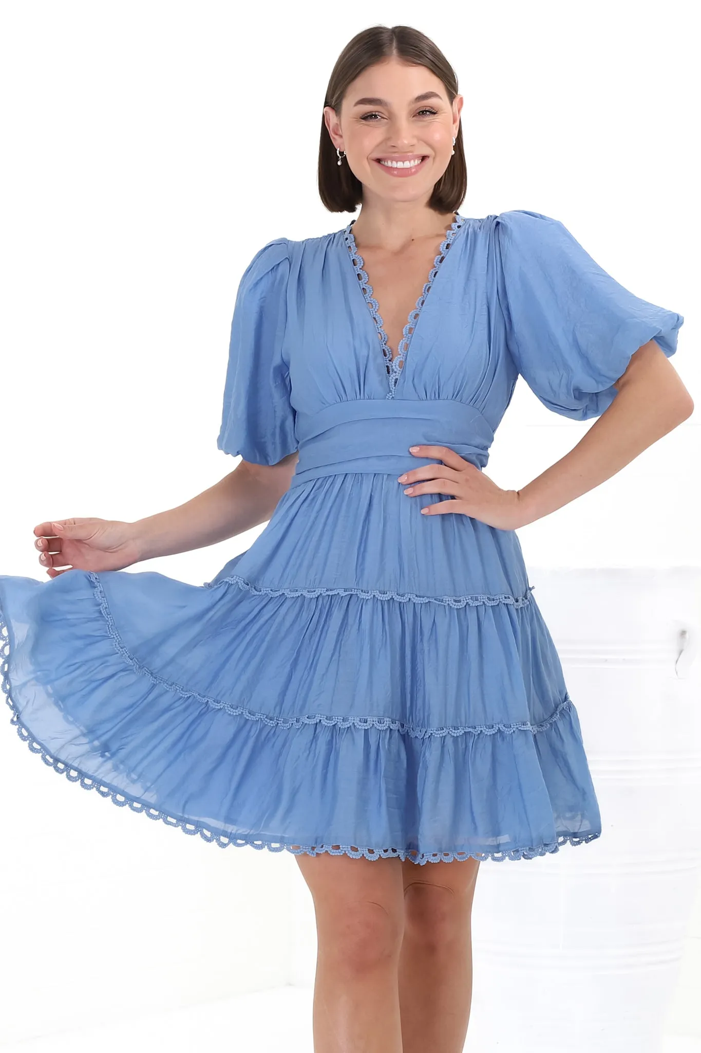 Haizlee Mini Dress - Billow Sleeve Tiered A-Line Mini in Blue sold by Salty Crush