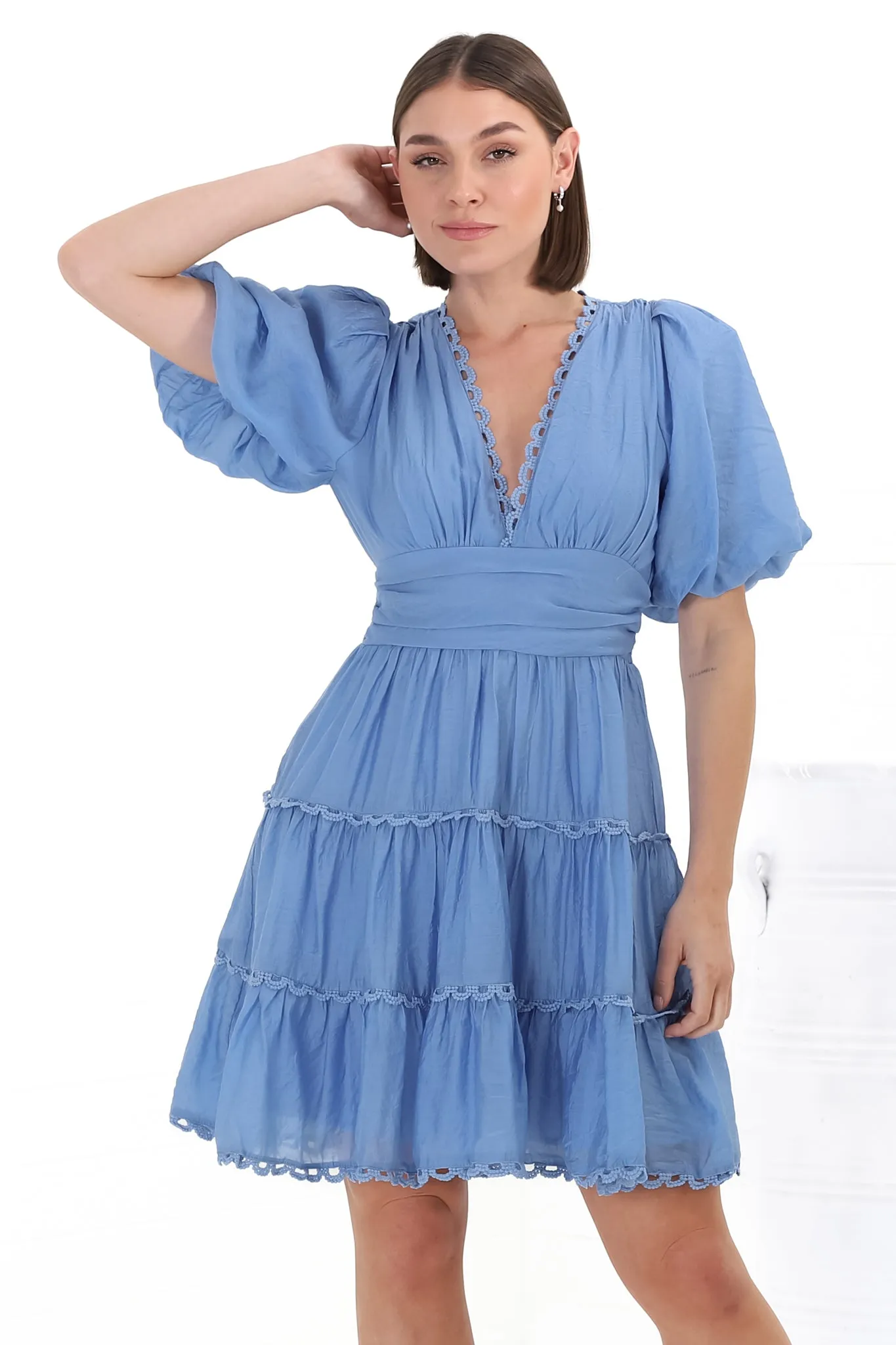 Haizlee Mini Dress - Billow Sleeve Tiered A-Line Mini in Blue sold by Salty Crush product image thumbnail 4