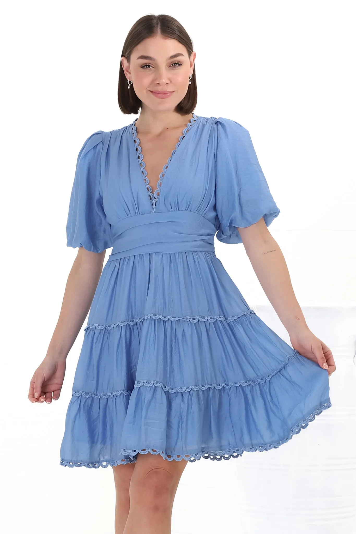 Haizlee Mini Dress - Billow Sleeve Tiered A-Line Mini in Blue sold by Salty Crush product image thumbnail 3
